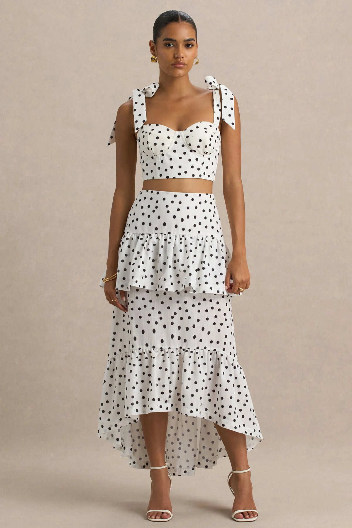 Emry White Polka Dot High Waist Maxi Skirt With Ruffle Detail