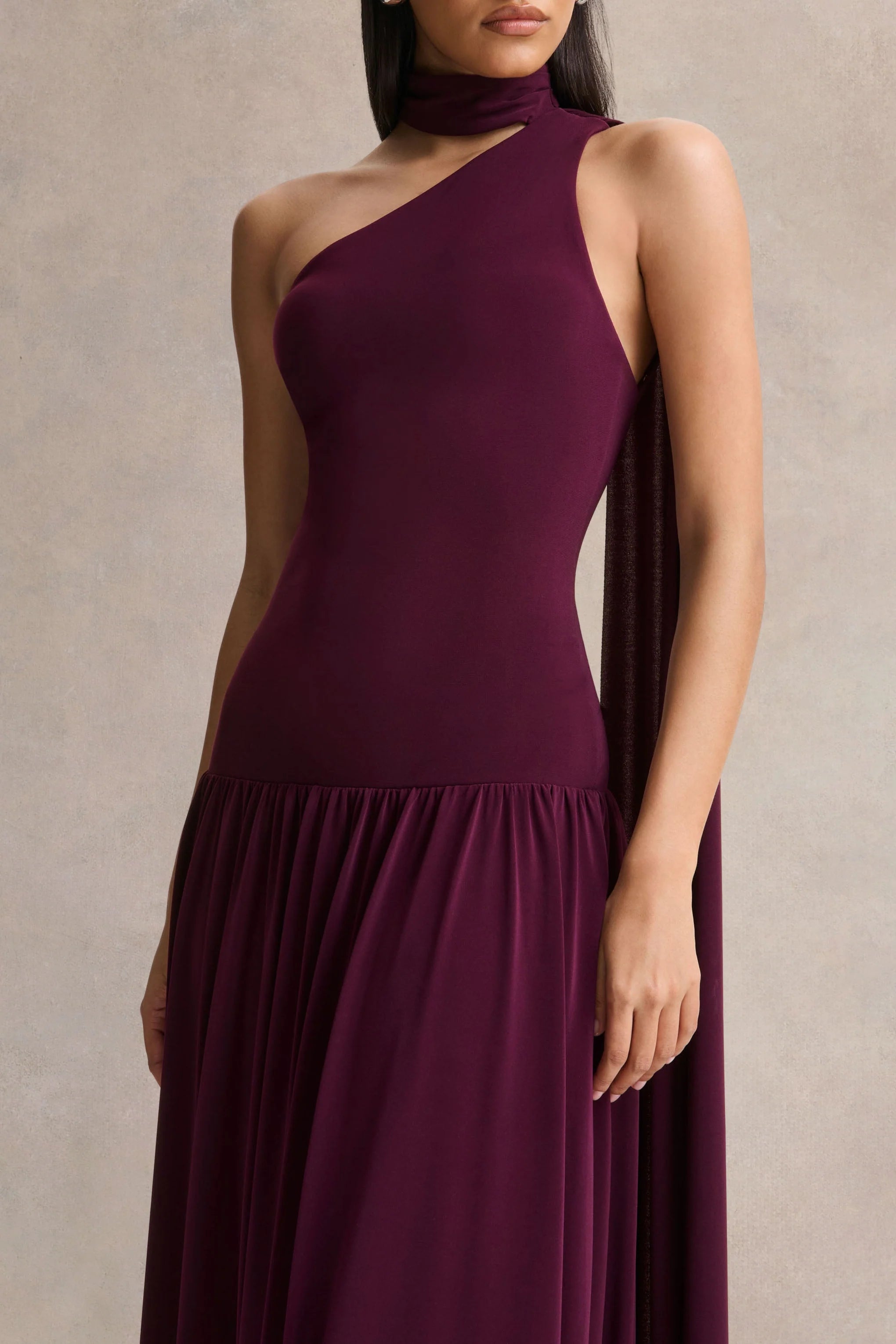 Freesia Plum Asymmetric Neck Maxi Dress With Scarf Detail