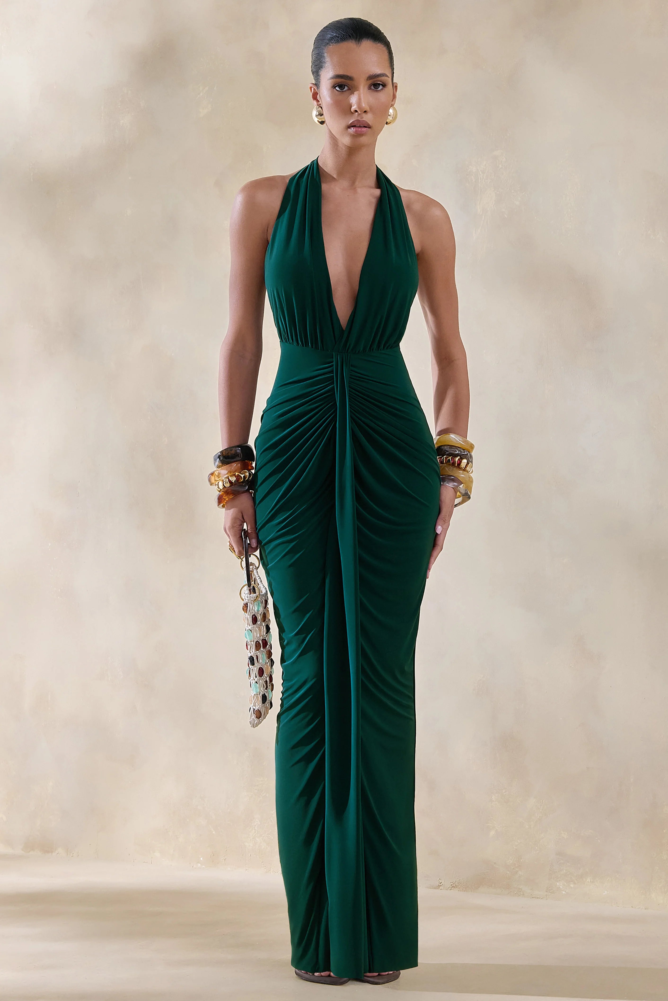 Lesley Bottle Green Plunge Neck Maxi Dress