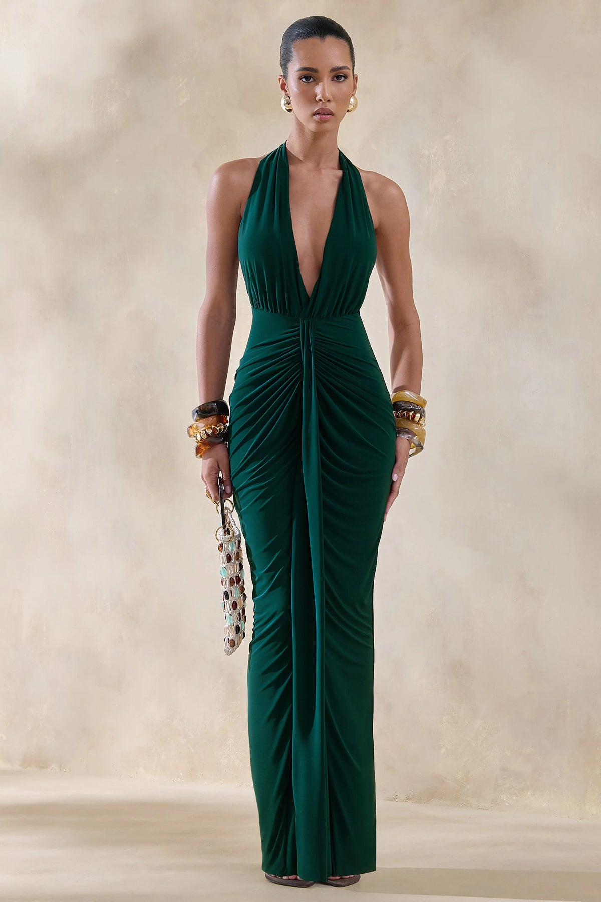 Lesley Bottle Green Plunge Neck Maxi Dress