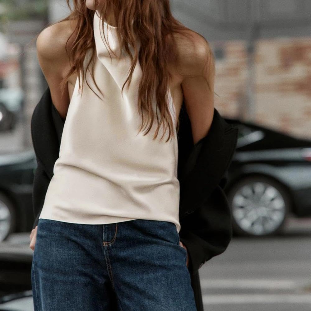 Women Halter Top Cowl Neck Backless Satin Silk Tank Tops Elegant Going Out Clubwear