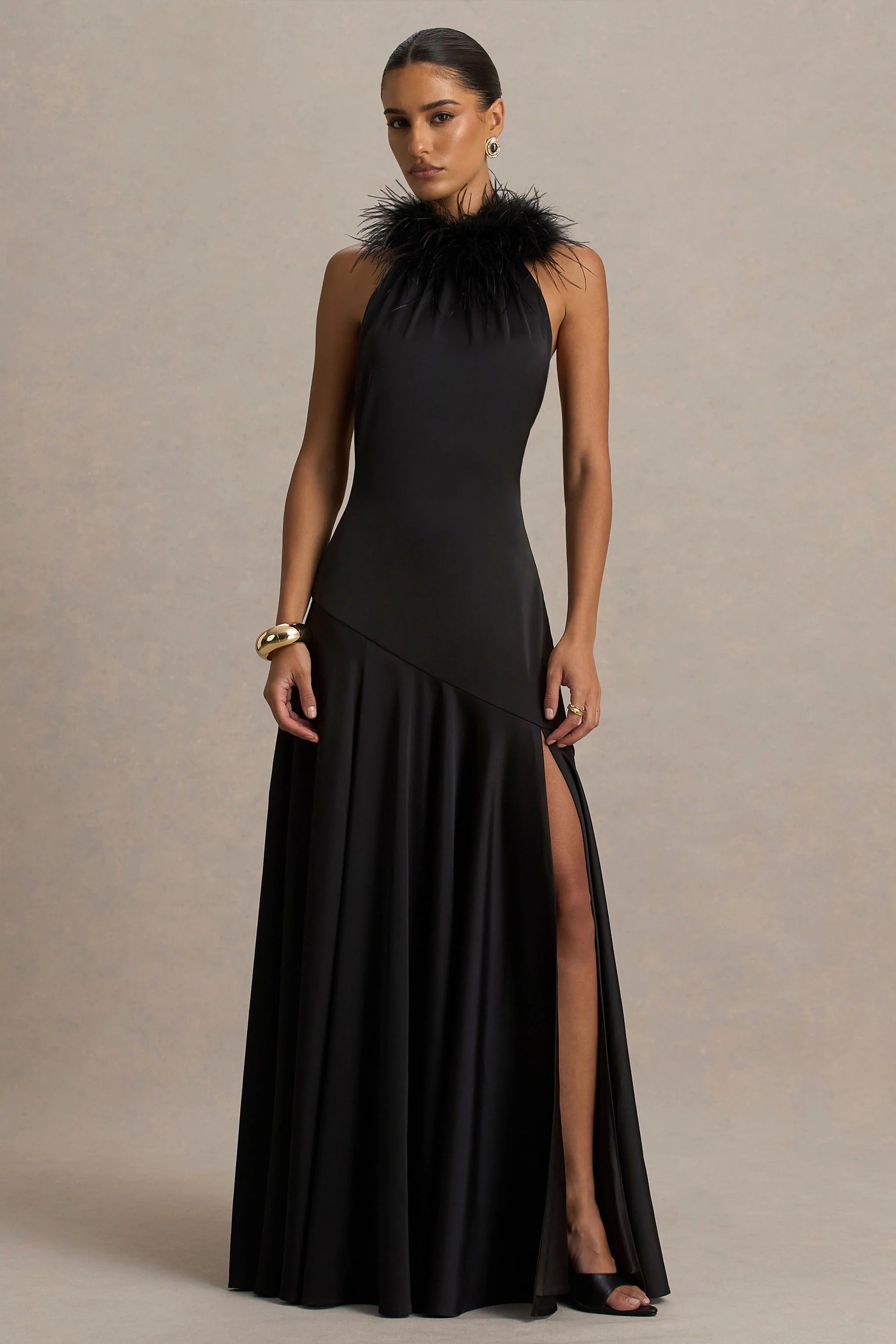 Jemima Black Satin Halter Neck Maxi Dress With Feather Trim