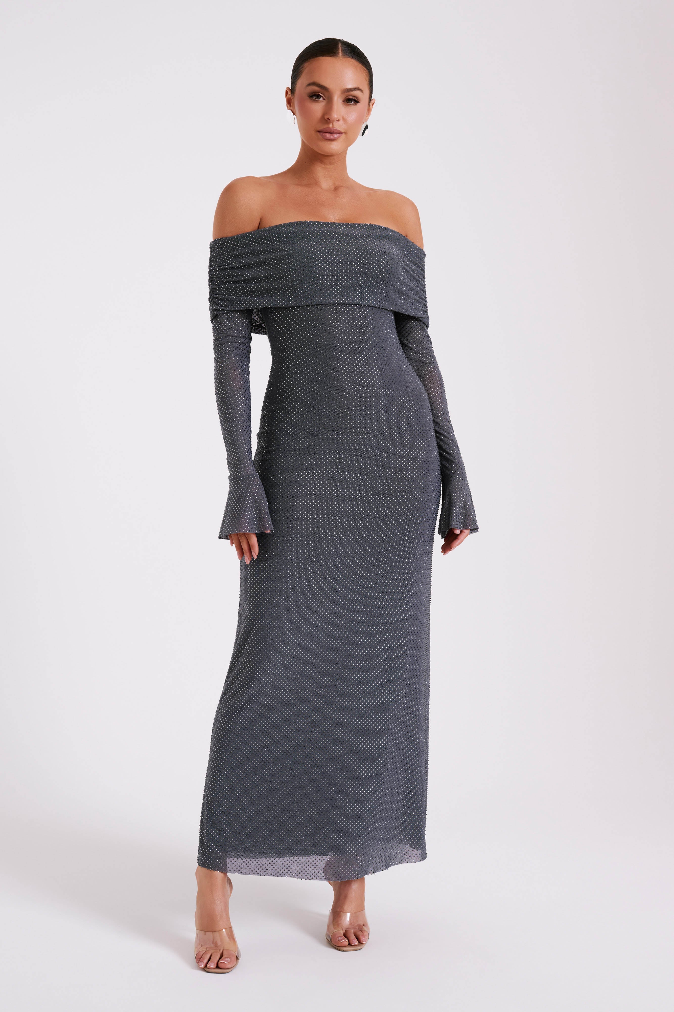 Marcel Off Shoulder Diamante Maxi Dress Gunmetal
