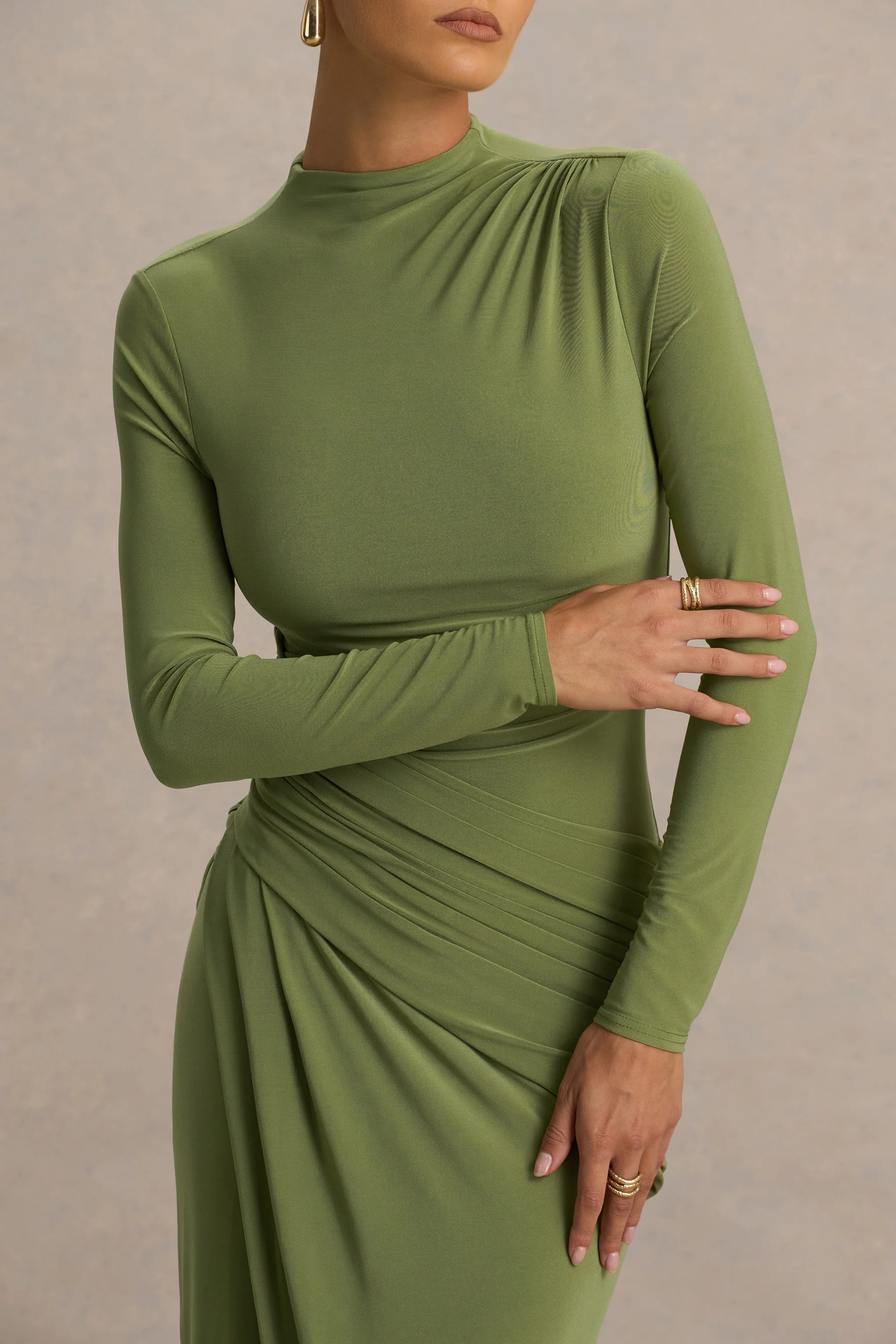 Zephyra Olive High Neck Wrapped Maxi Dress