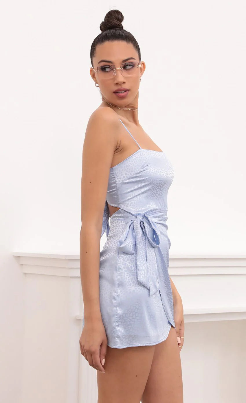 Double Tie Satin Wrap Dress In Light Blue Leopard Jacquard Print