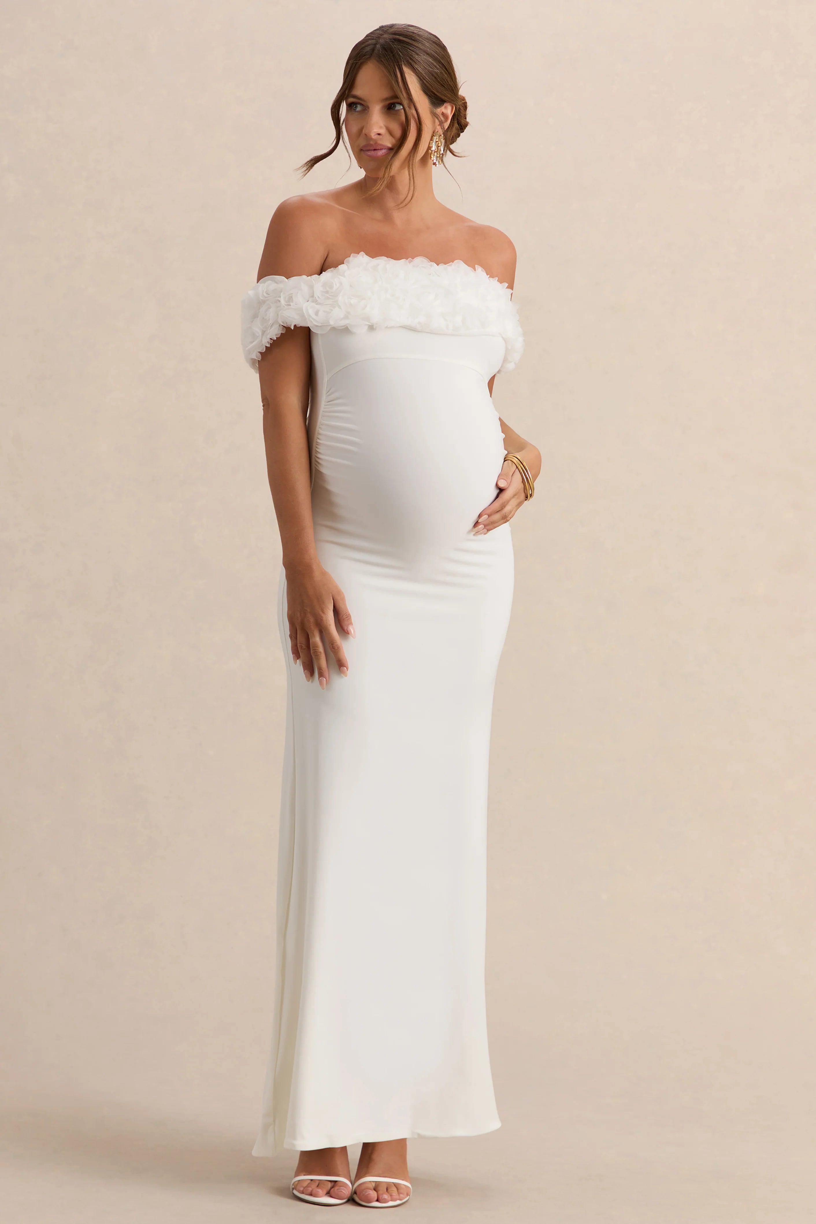 Inflorescence White Mesh Floral Bardot Maternity Maxi Dress