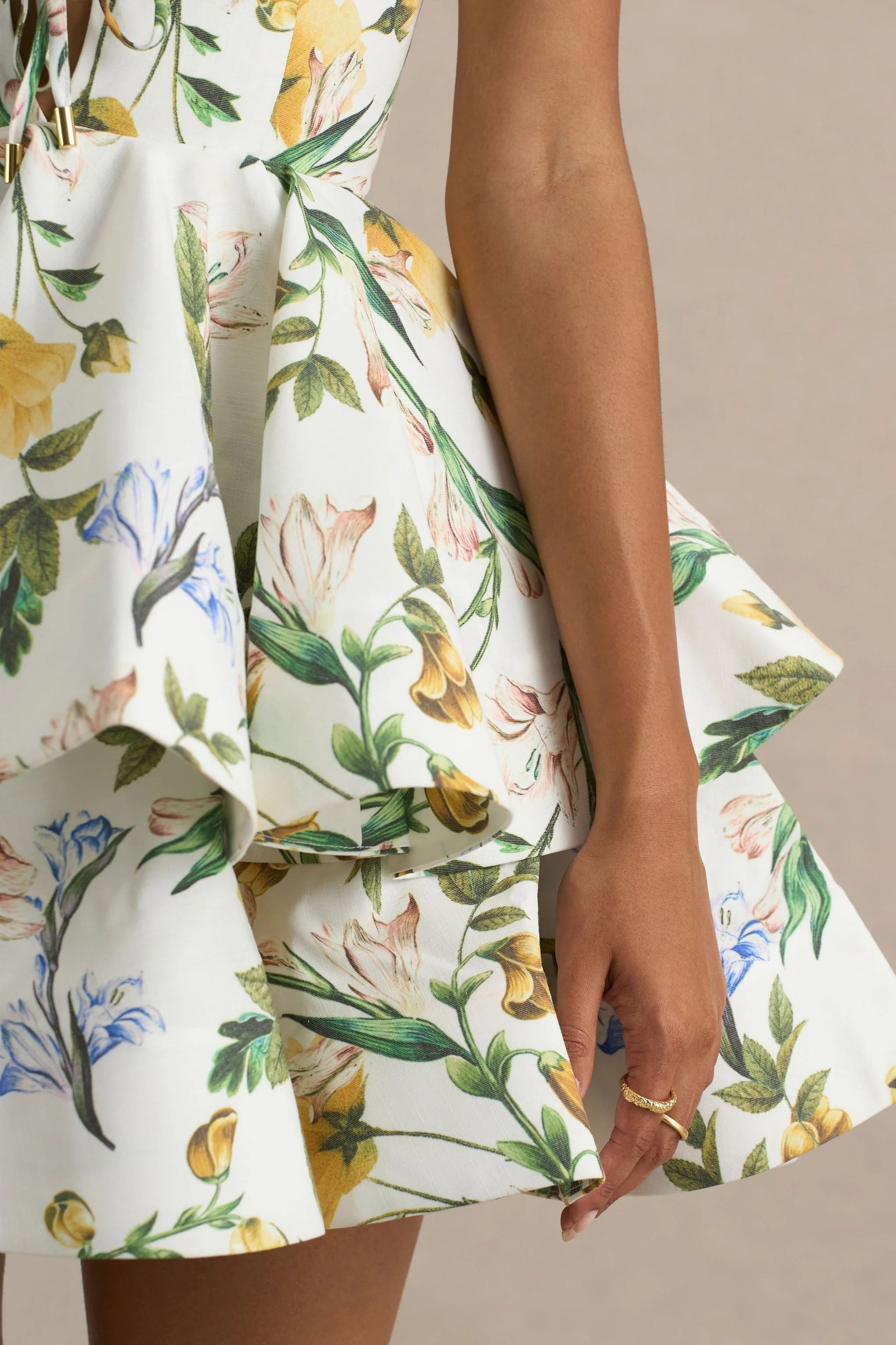 Flavia Lemon Floral Print Plunge Neck Ruffled Skater Micro Mini Dress