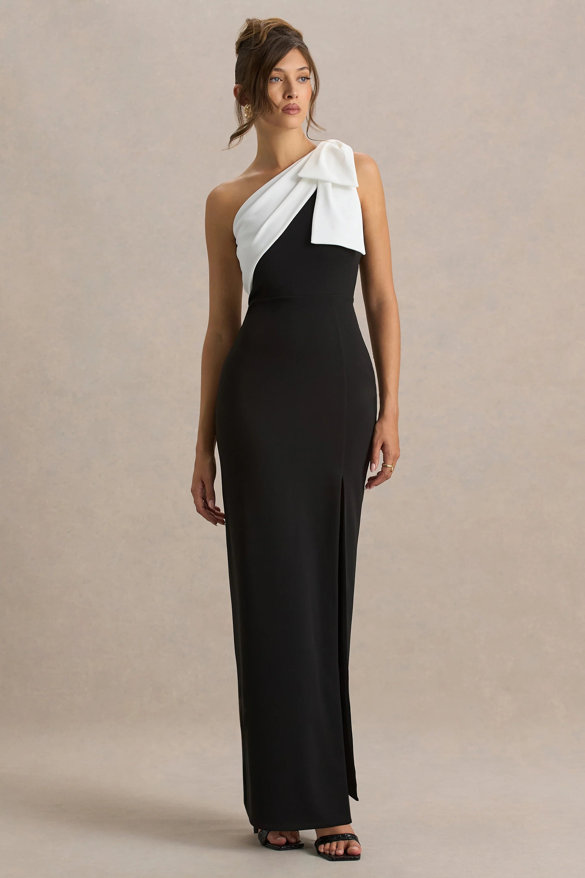 Kiri Black White One Shoulder Bow Maxi Dress