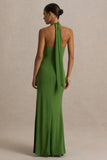 Hera Green Extreme Plunge Maxi Dress With Ruched Detail