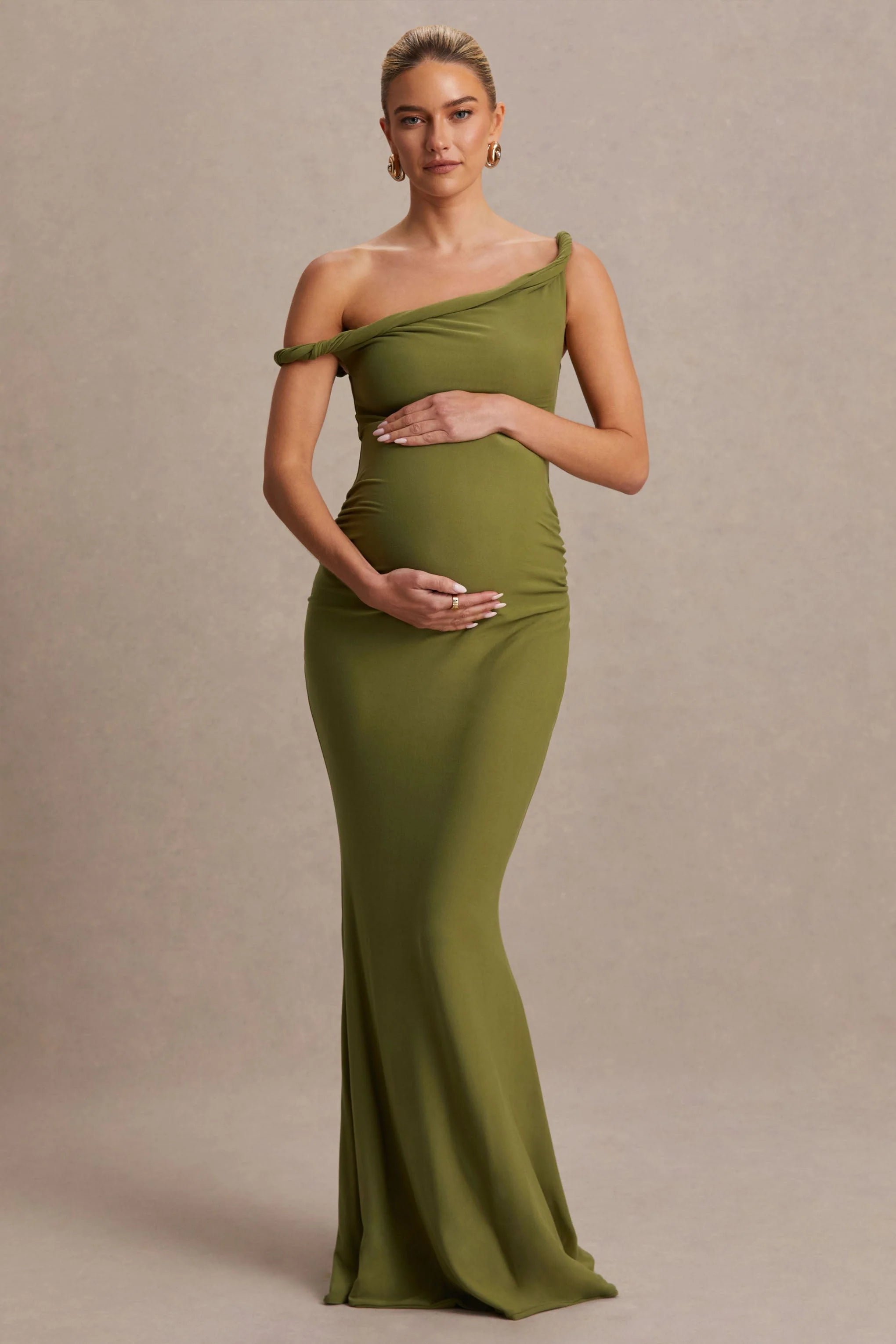 Lita Olive Twisted Asymmetric Maternity Maxi Dress