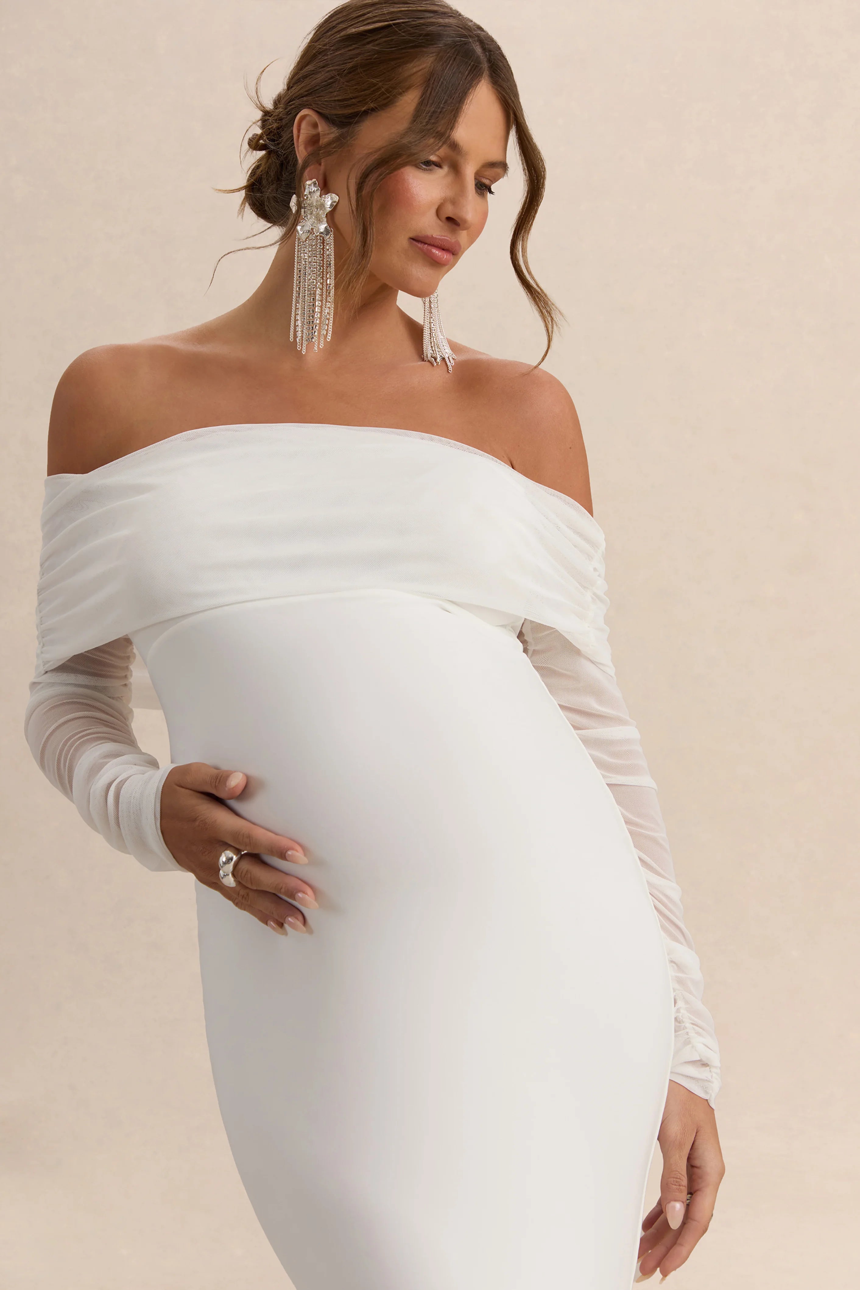 Pretty Perfect White Maternity Ruched Mesh Bardot Maxi Dress