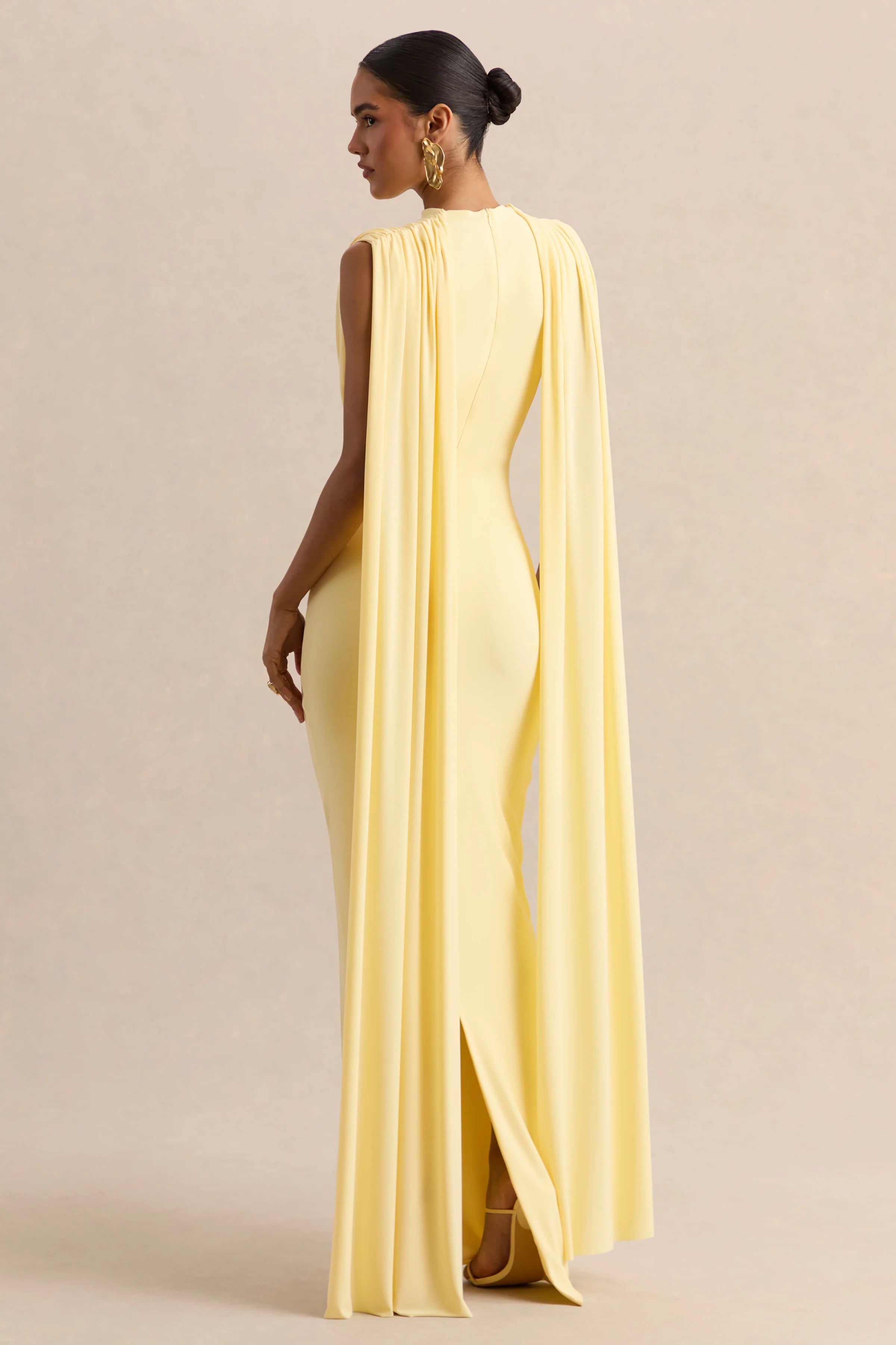 Patrina Lemon High Neck Maxi Dress With Draped Detailing And Cape Sleeves