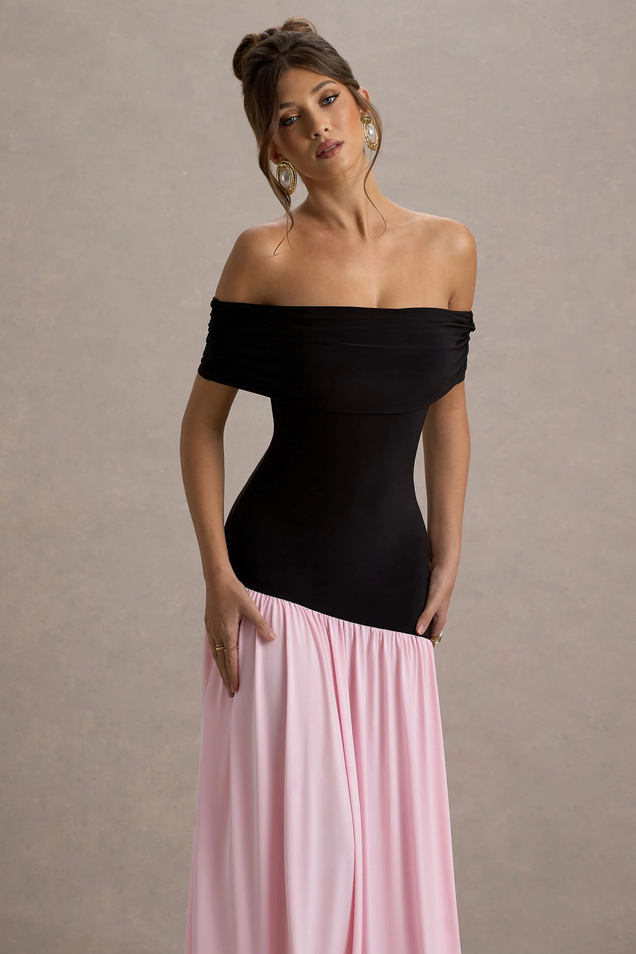 Venezia Black Pink Bardot Maxi Dress With Drop Waist