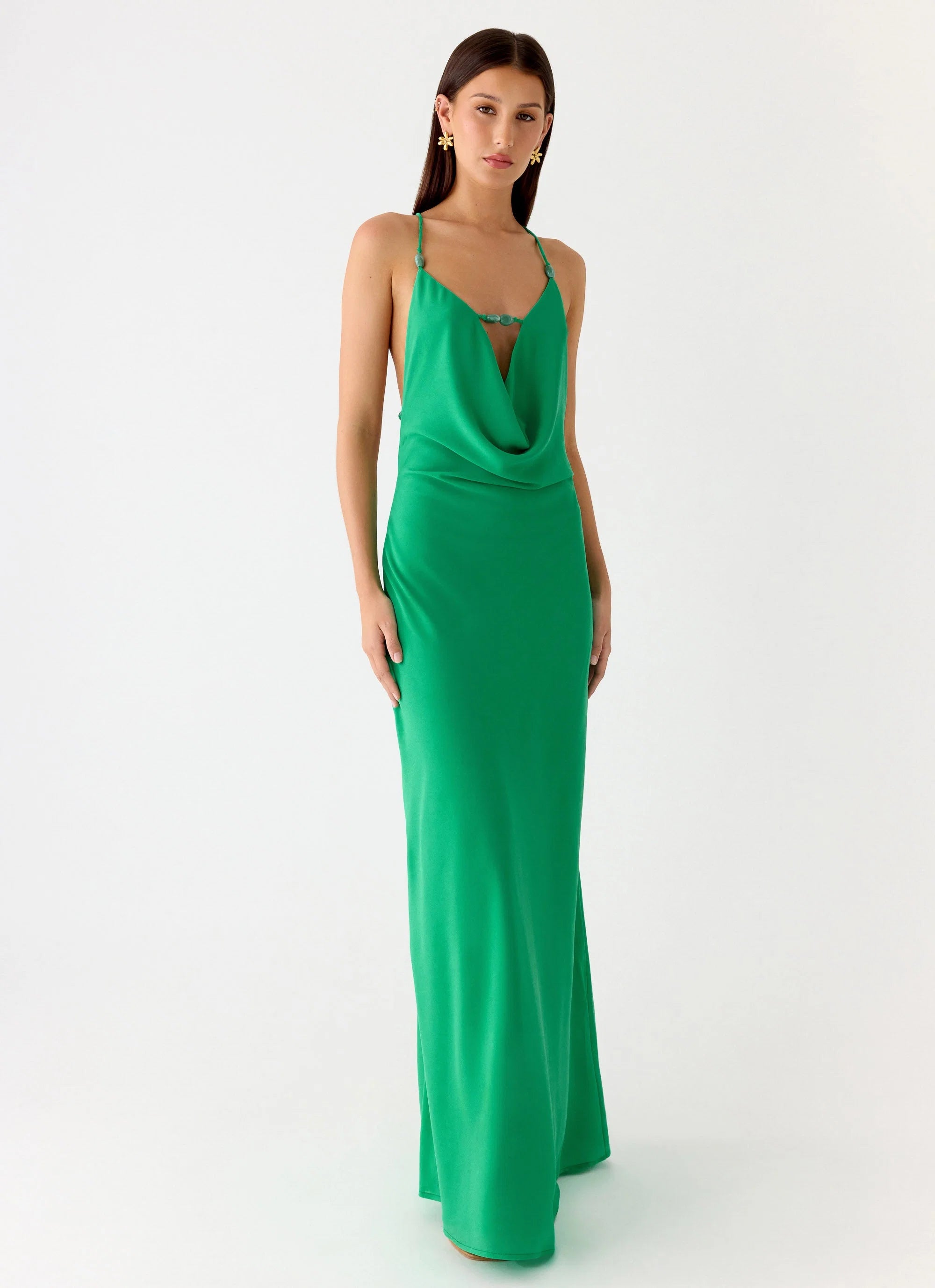 Tropic Muse Beaded Cowl Maxi Dress Green