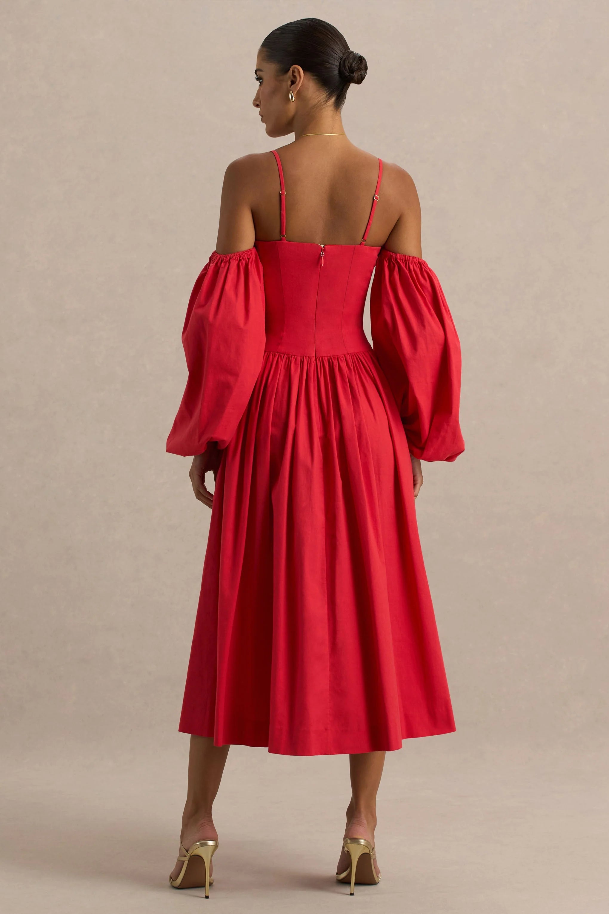 Macie Red Sweetheart Midi Dress With Balloon Sleeves