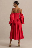 Macie Red Sweetheart Midi Dress With Balloon Sleeves