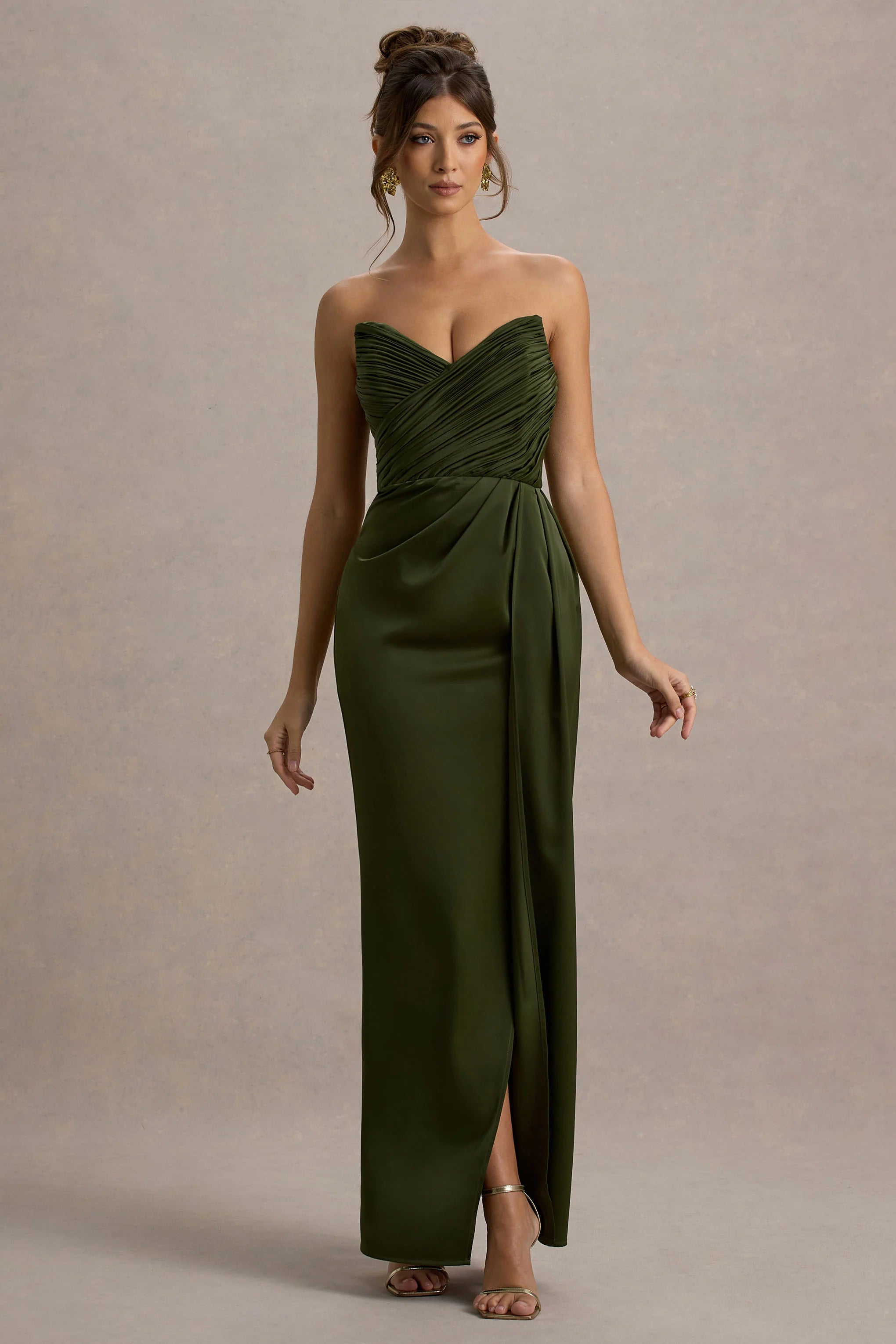 Edel Olive Satin Strapless Maxi Dress With Drape