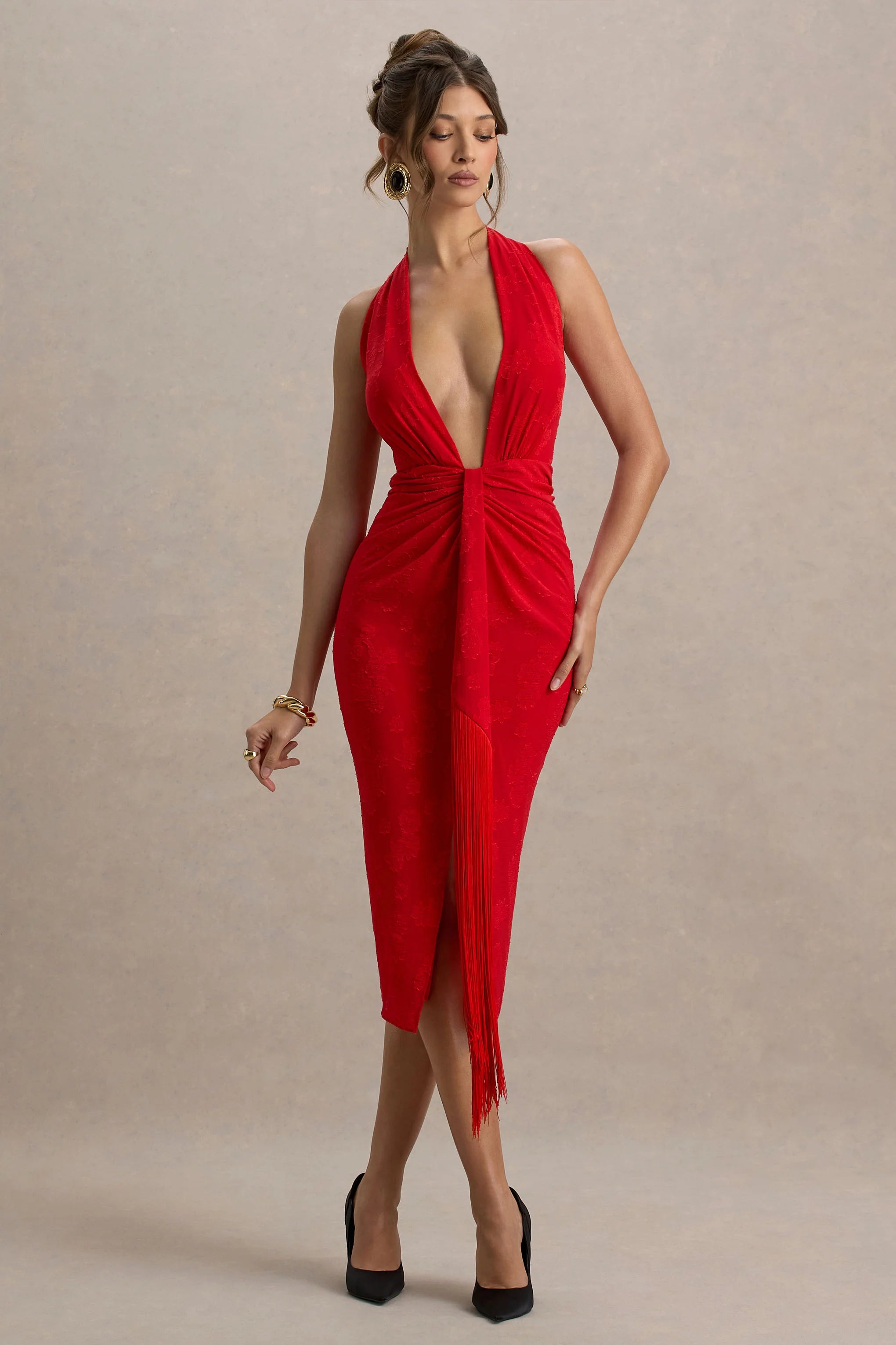 Auria Red Satin Devore Plunge Neck Midi Dress With Fringe Details