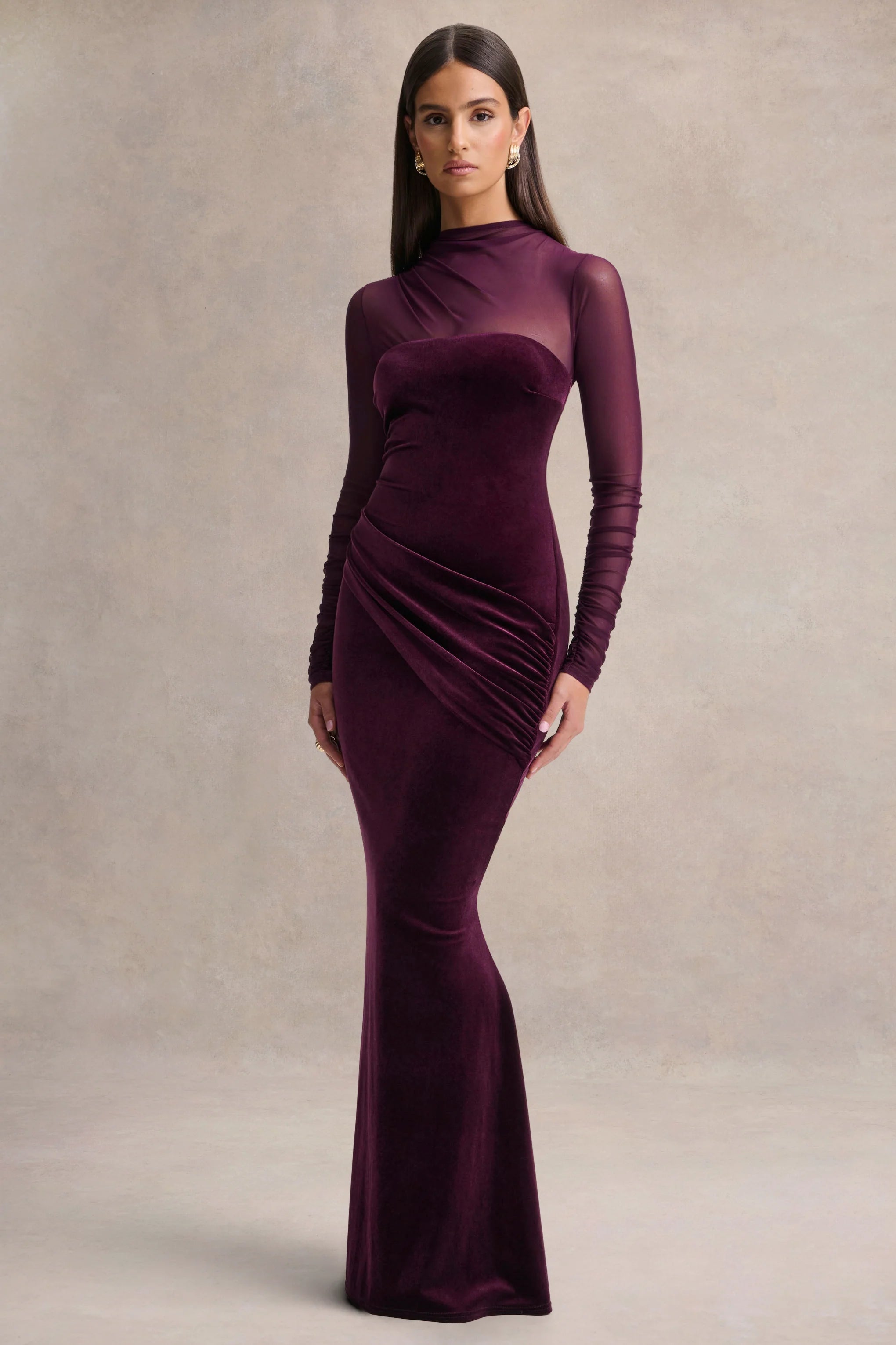 Cambria Plum Velvet High Neck Maxi Dress With Draped Detailing