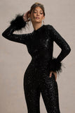 Asteroid Black Sequin Long Sleeve Jumpsuit With Feather Cuffs