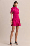 Fenella Hot Pink High Neck Mini Dress With Cape Sleeves And Ruched Detailing