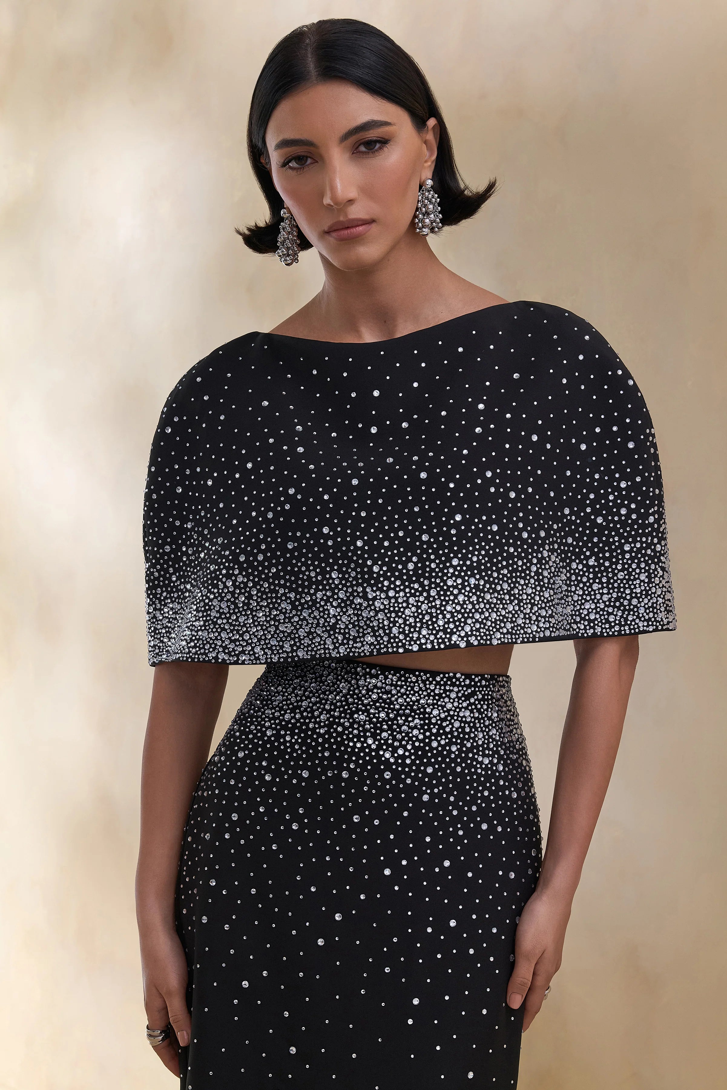 Luxy Black Embellished Boat Neck Crop Top With Cape Sleeves