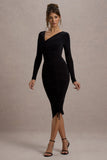 Lilia Black Ruched Asymmetric Midi Dress