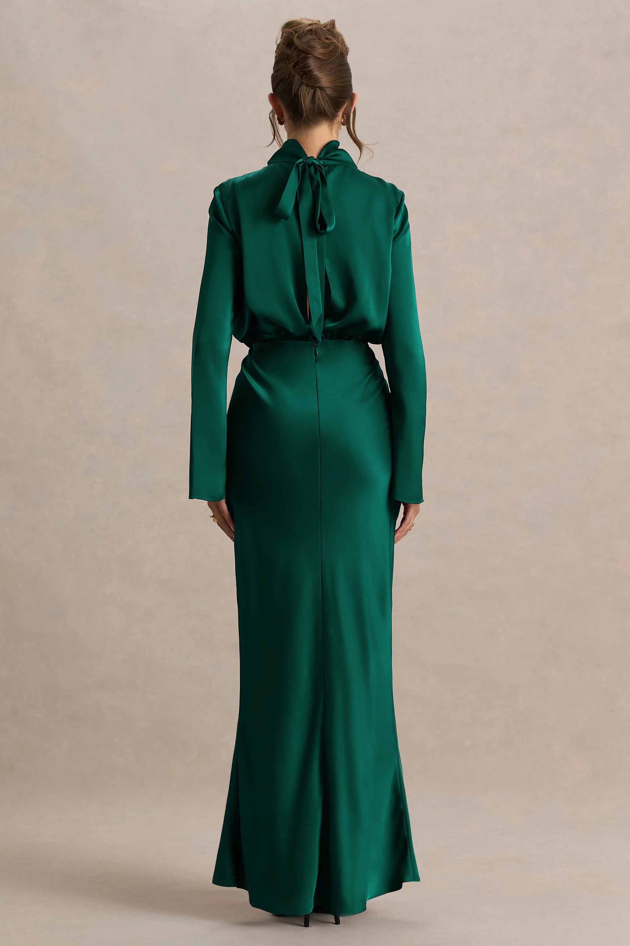 Celina Bottle Green Satin High Neck Maxi Dress