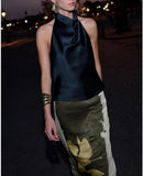 Women Halter Top Cowl Neck Backless Satin Silk Tank Tops Elegant Going Out Clubwear