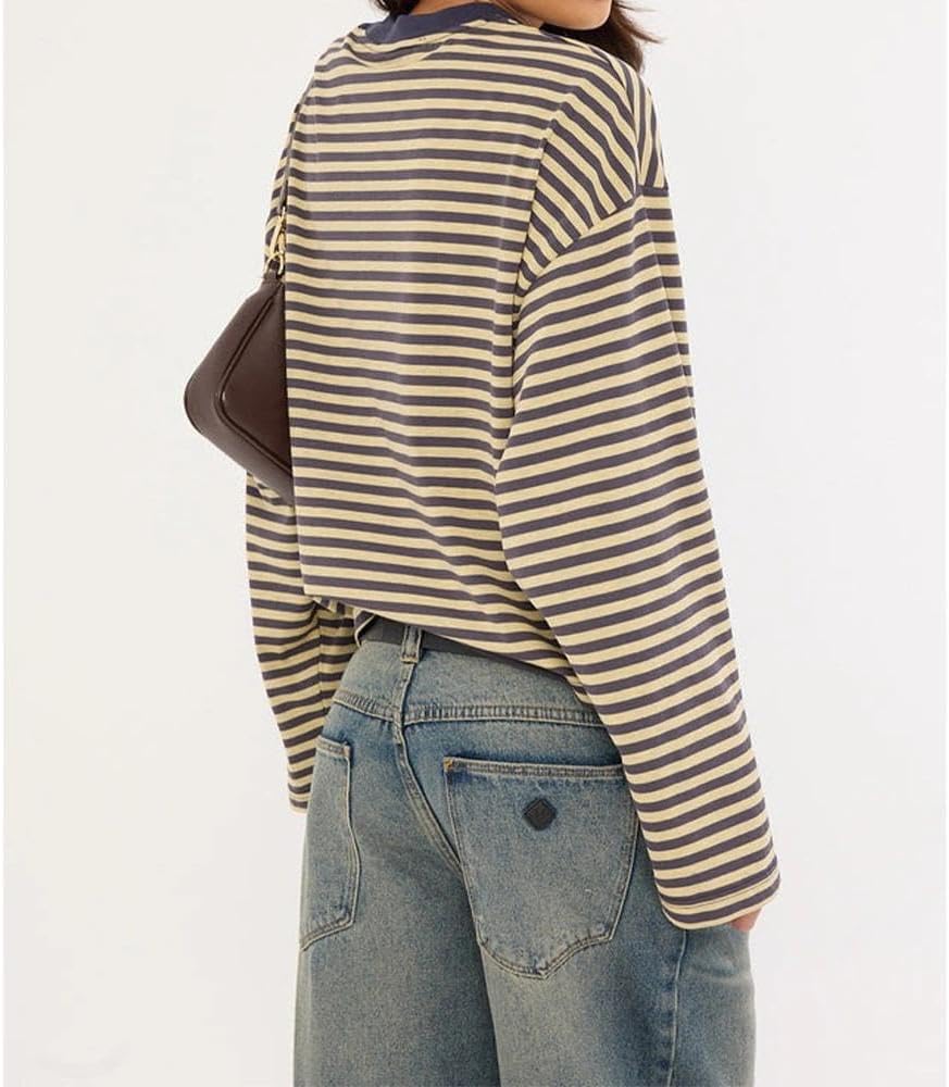 Women Striped Long Sleeve Shirt Crewneck Cropped Pullover Top Fall Winter Vintage Sweatshirt Streetwear