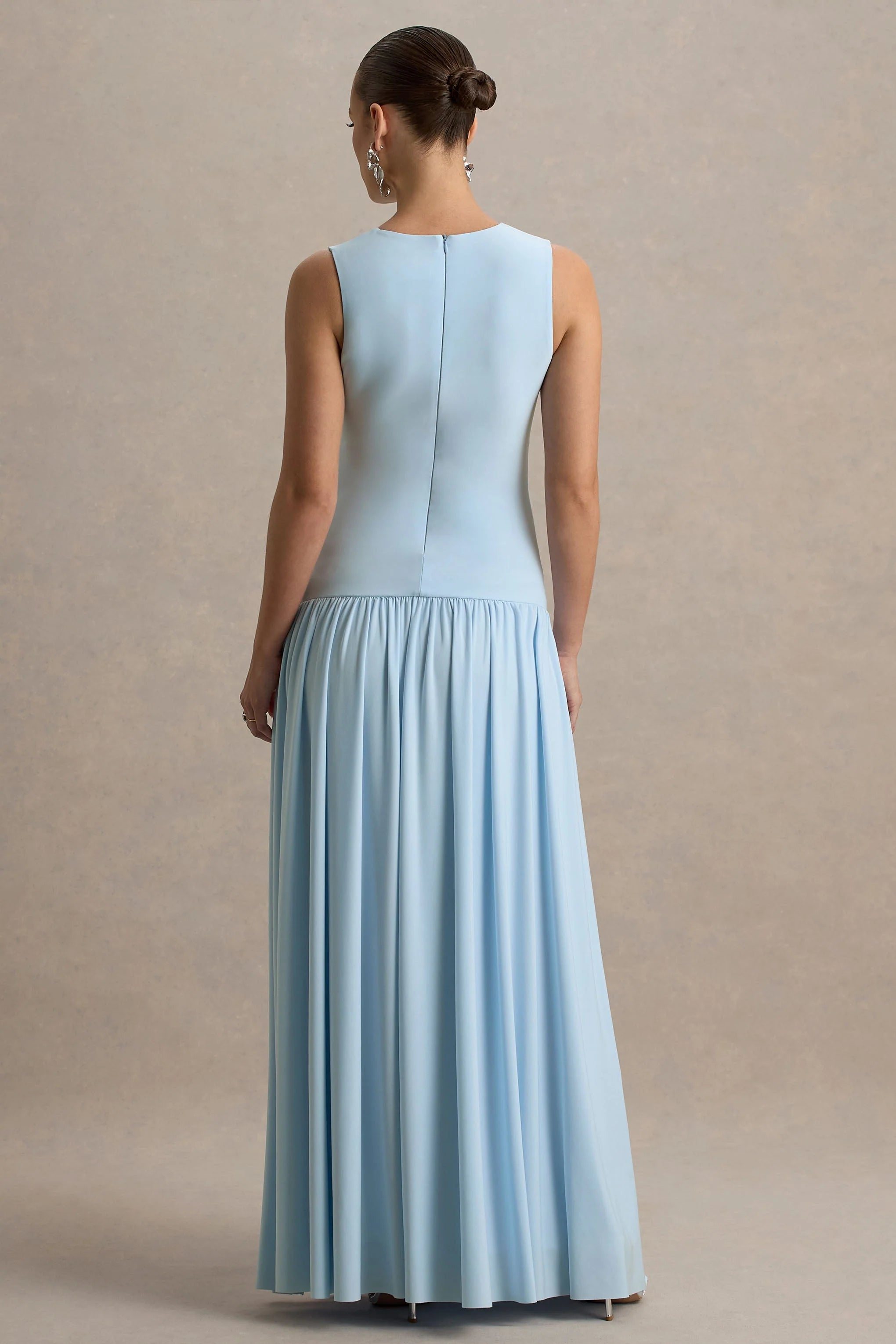 Outline Powder Blue Crew Neck Maternity Maxi Dress With Pleated Skirt