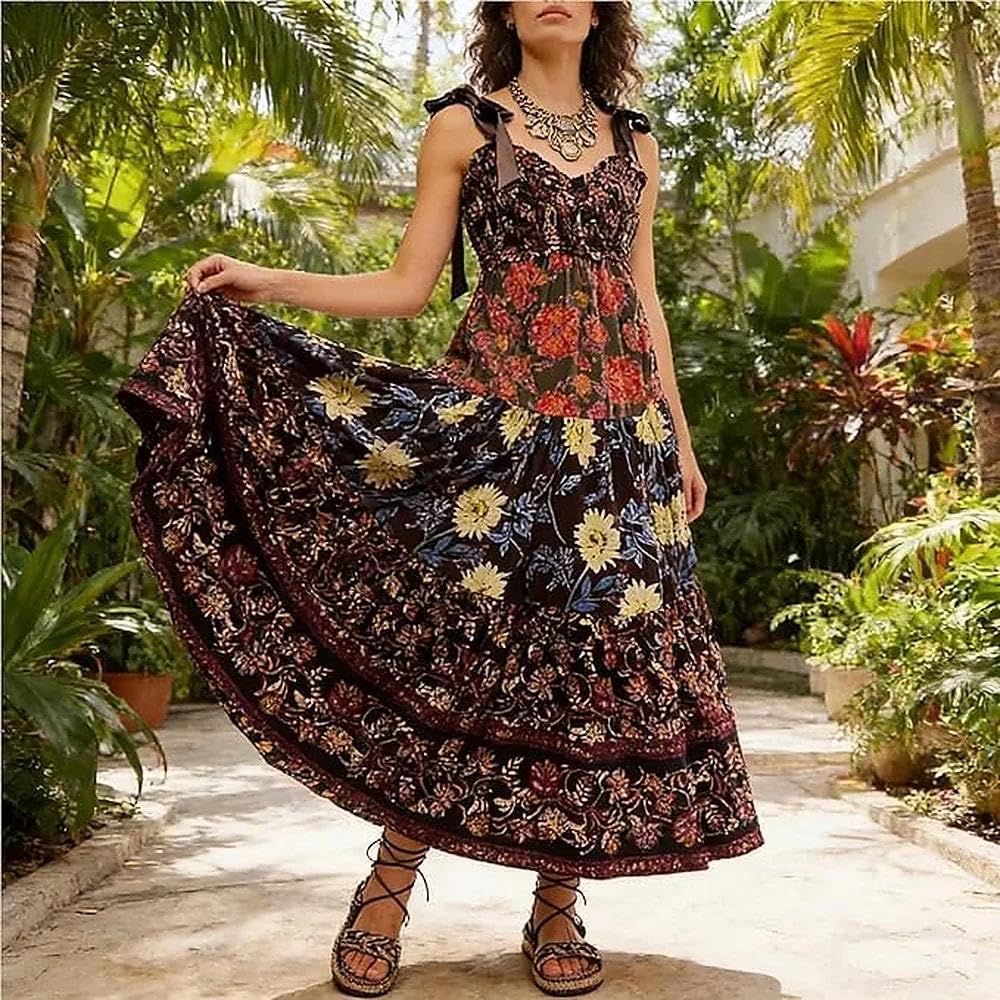 Women Floral Maxi Dress Tie Shoulder Patchwork Smocked Flowy Boho Dress with Pockets Summer Vacation Sundress