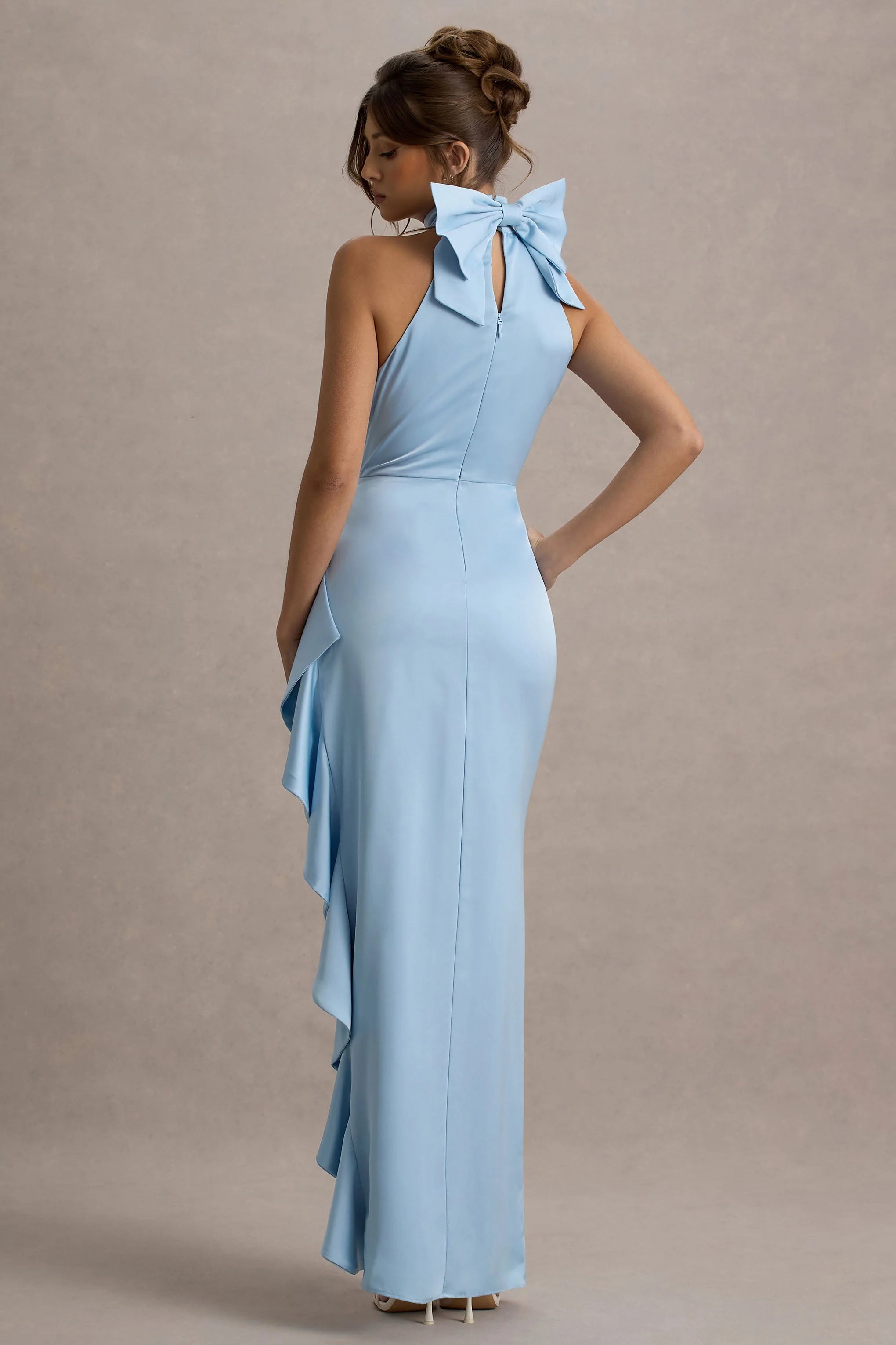Maureen Powder Blue Satin High Neck Draped Maxi Dress