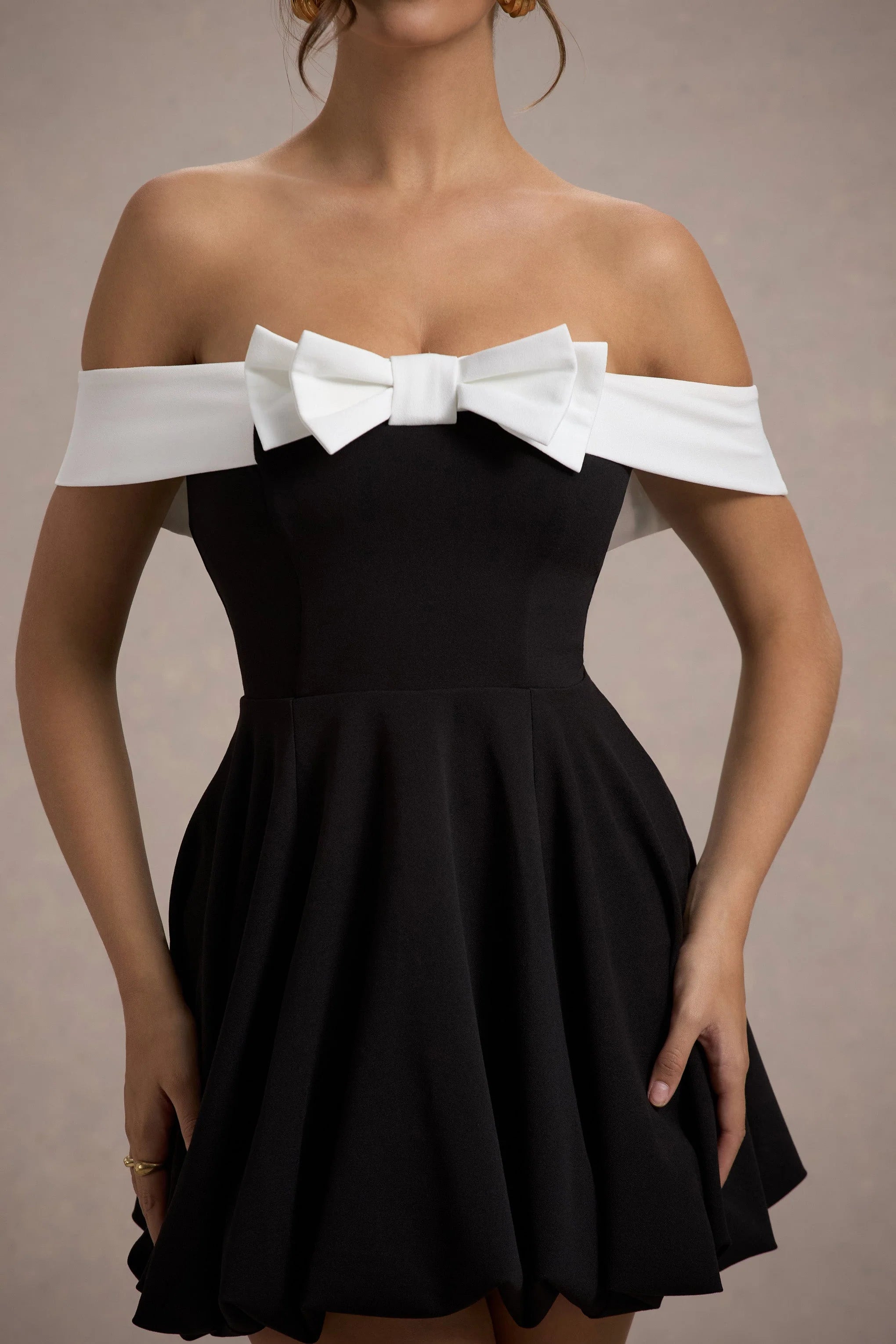 Minimoiselle Black White Bow Bardot Mini Dress With Puff Ball Skirt