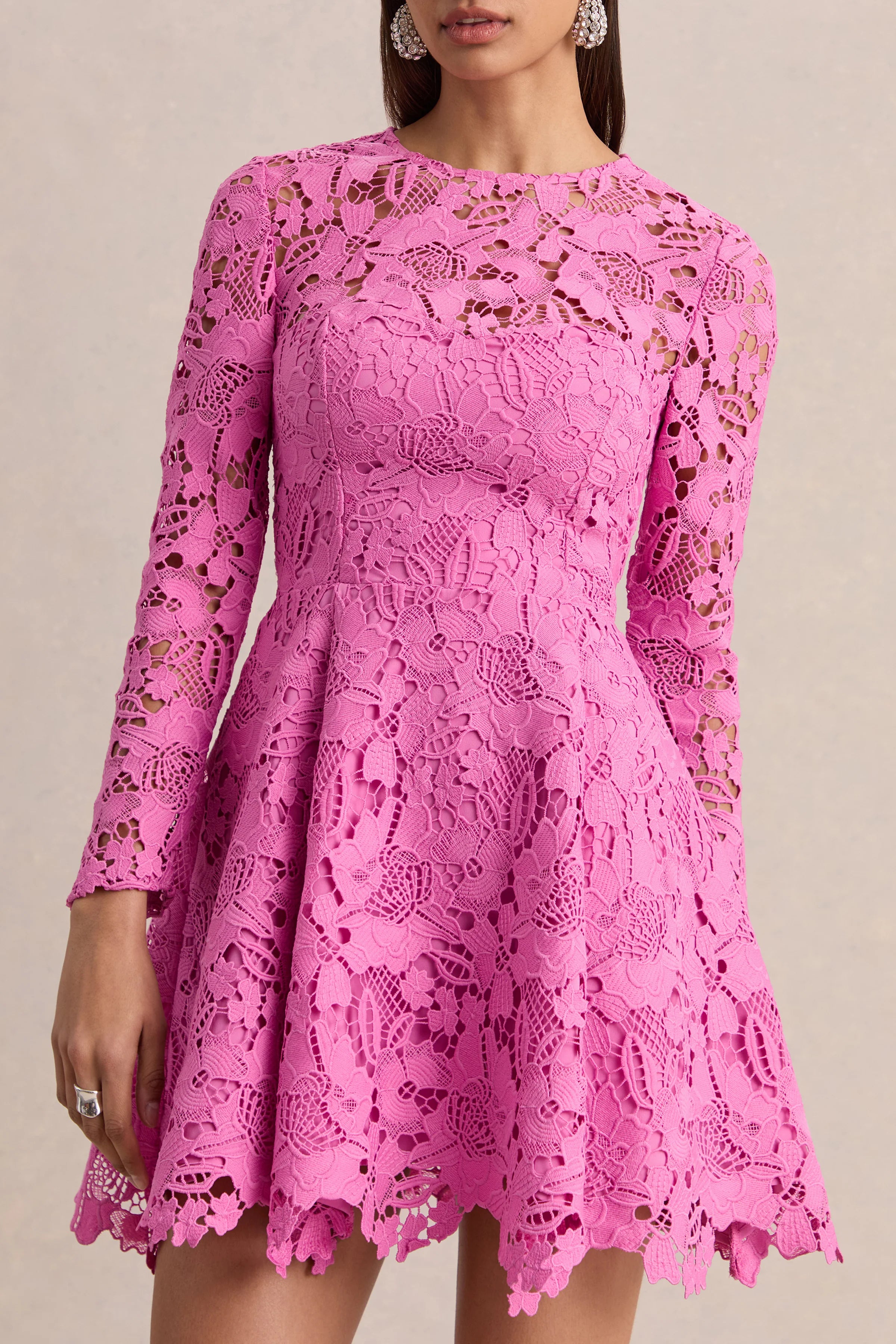 Morina Pink Lace Crew Neck Mini Dress