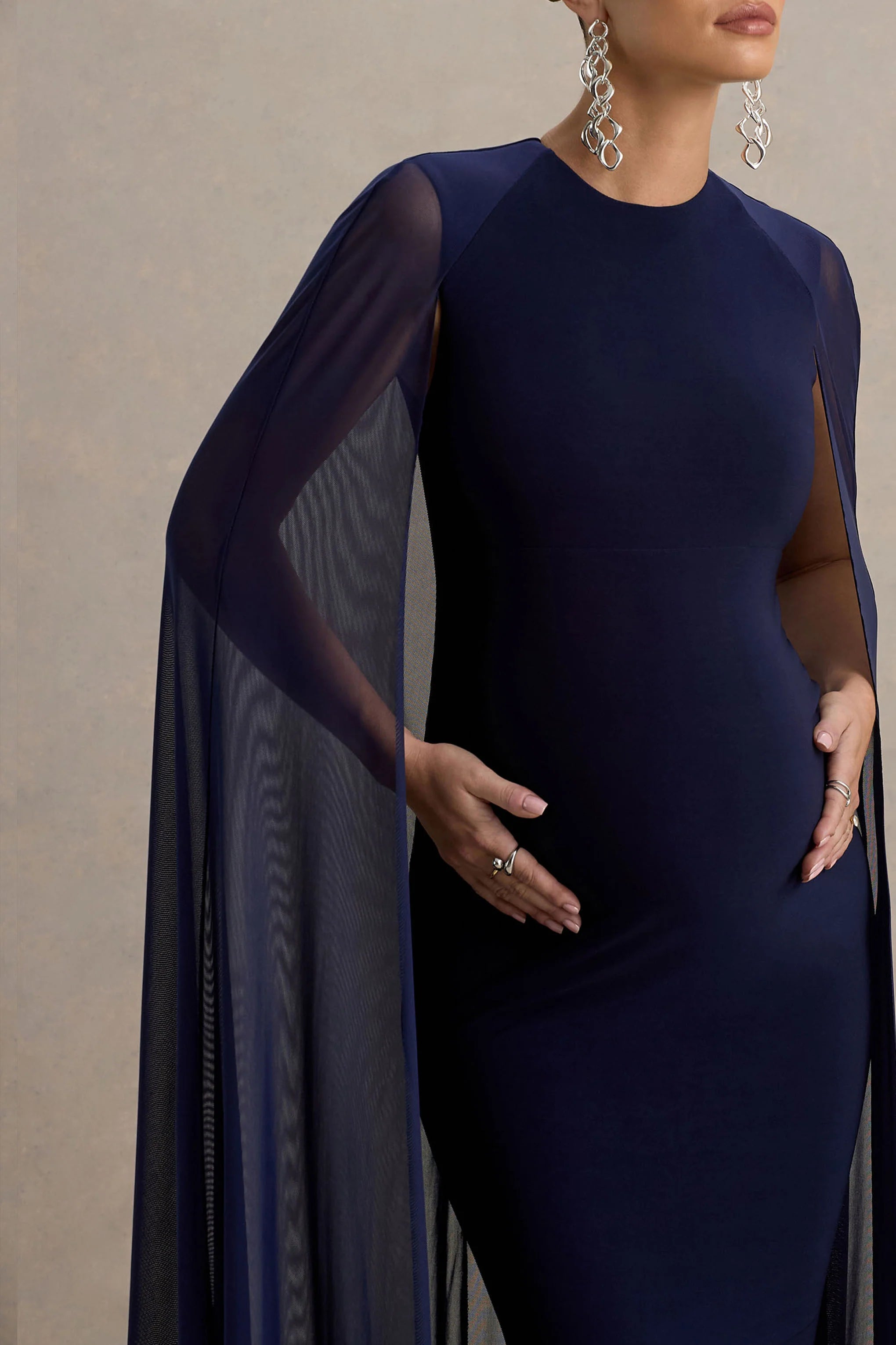Currant Navy Crew Neck Maternity Maxi Dress With Cape