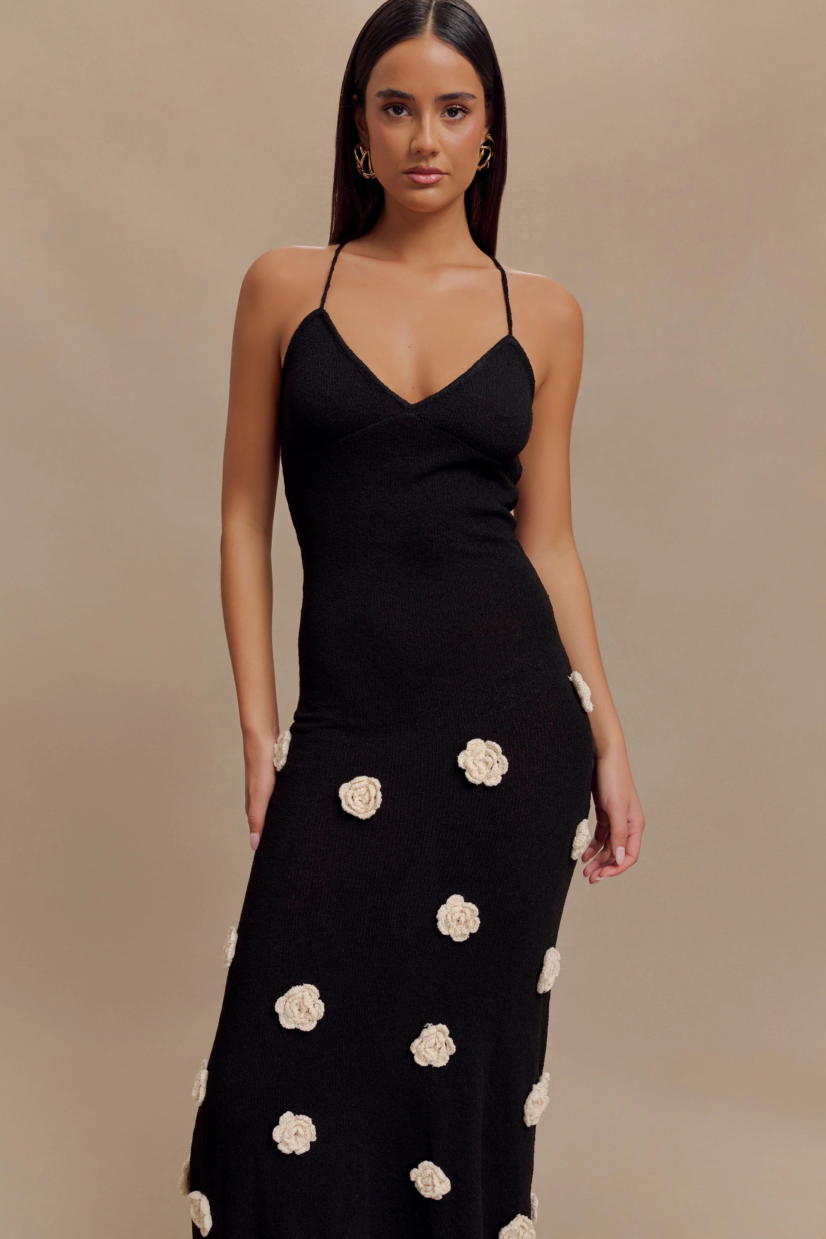 Suki Knit Maxi Dress With Flowers Black White