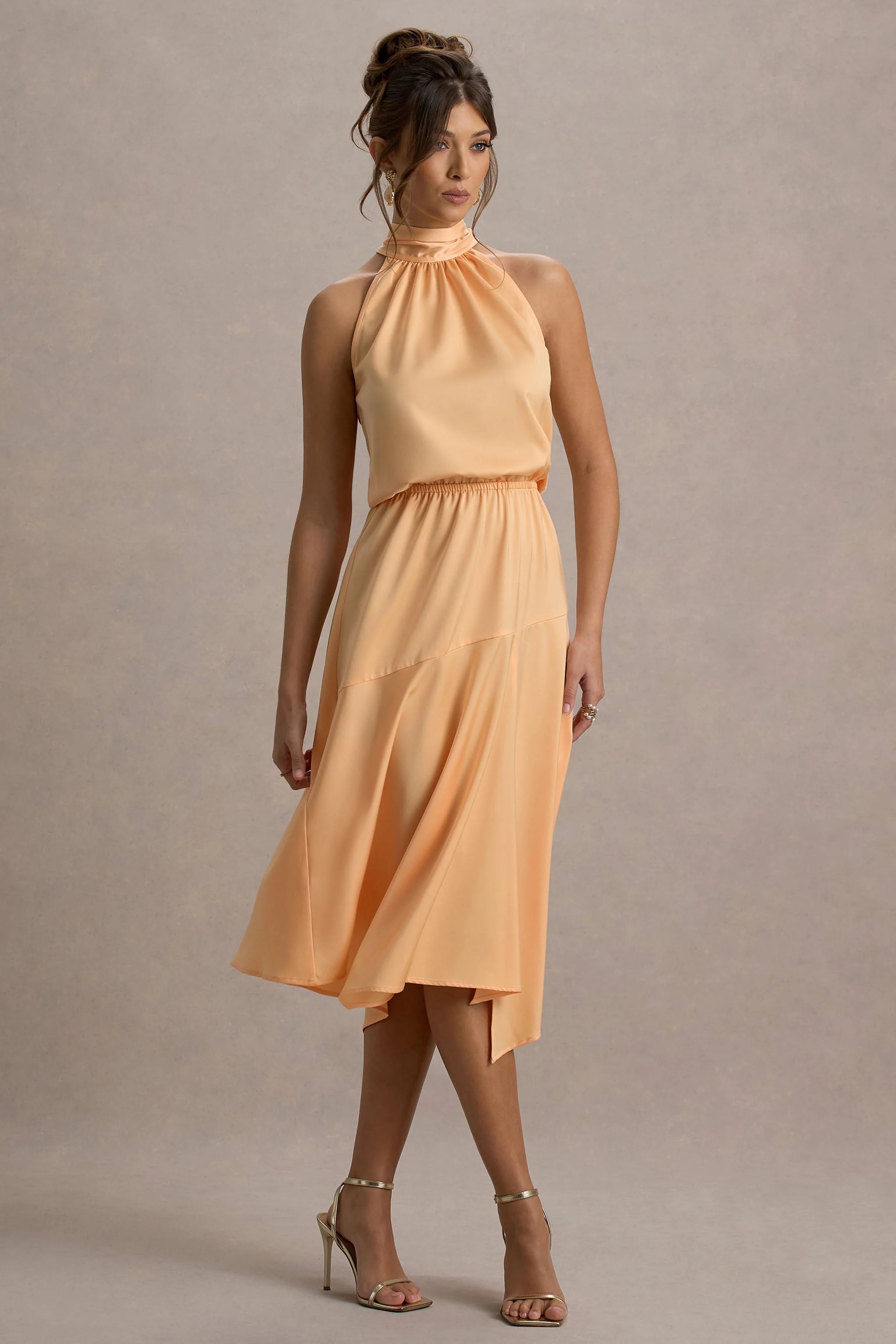 Palonia Peach Satin High Neck Split Midi Dress