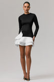 Lucinda Black White Long Sleeve Mini Dress With Ruffle Hem