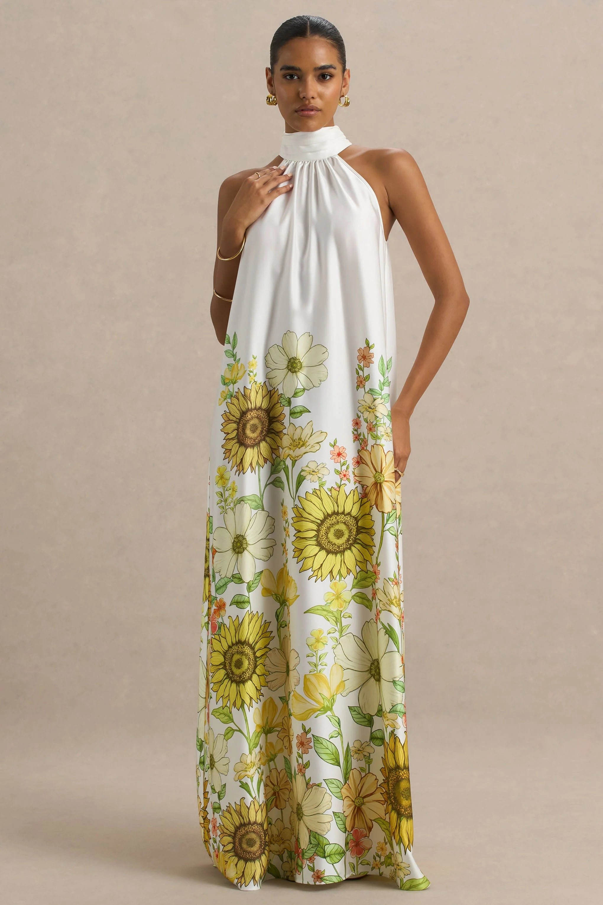 Glide Sunflower Print Satin High Neck Slip Maxi Dress