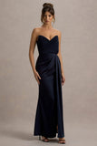 Edel Navy Satin Strapless Maxi Dress With Drape