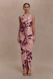 Alessandra Slinky Ruffle Maxi Dress Pink Blurred Floral Print