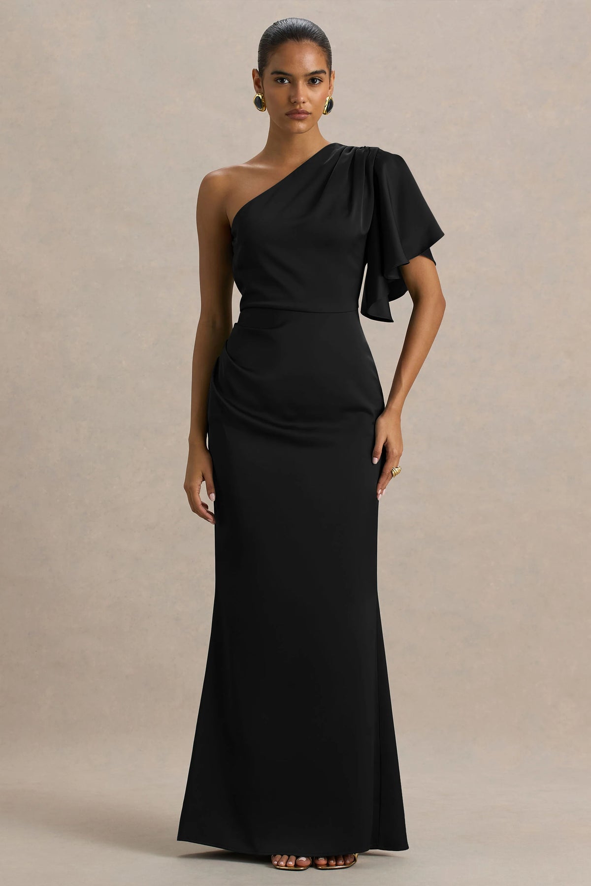 Unforgettable Black Asymmetric Neck Maxi Dress With Ruffled Detailing