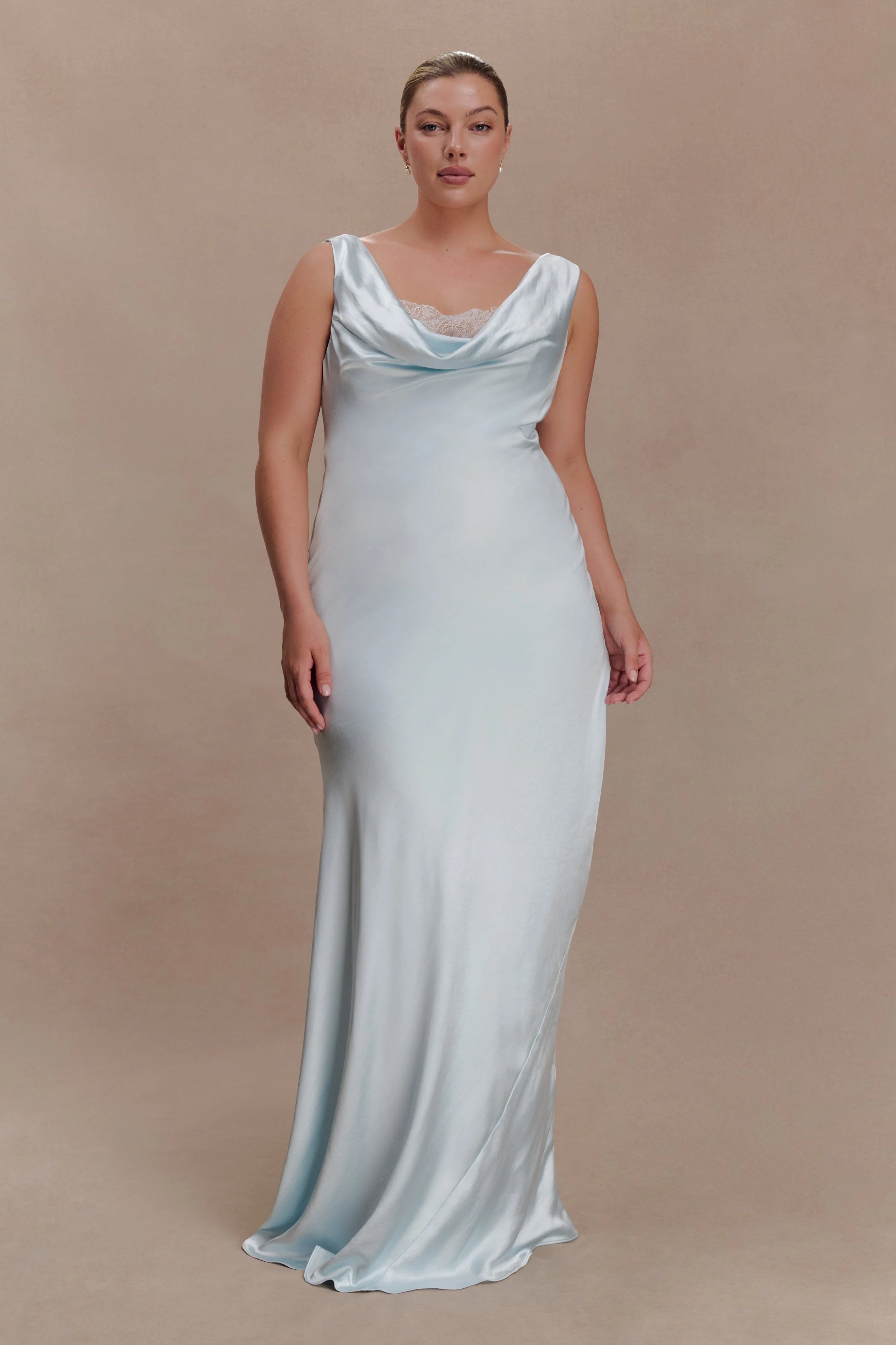 Ashley Cowl Neck Lace And Satin Maxi Dress Ice Blue