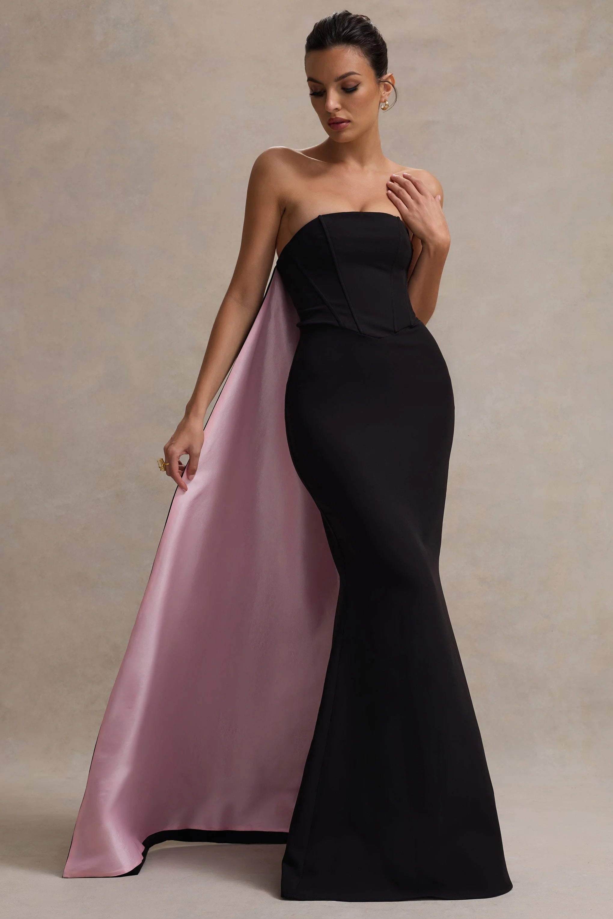 Shes Trouble Black Bandeau Maxi Dress With Pink Cape
