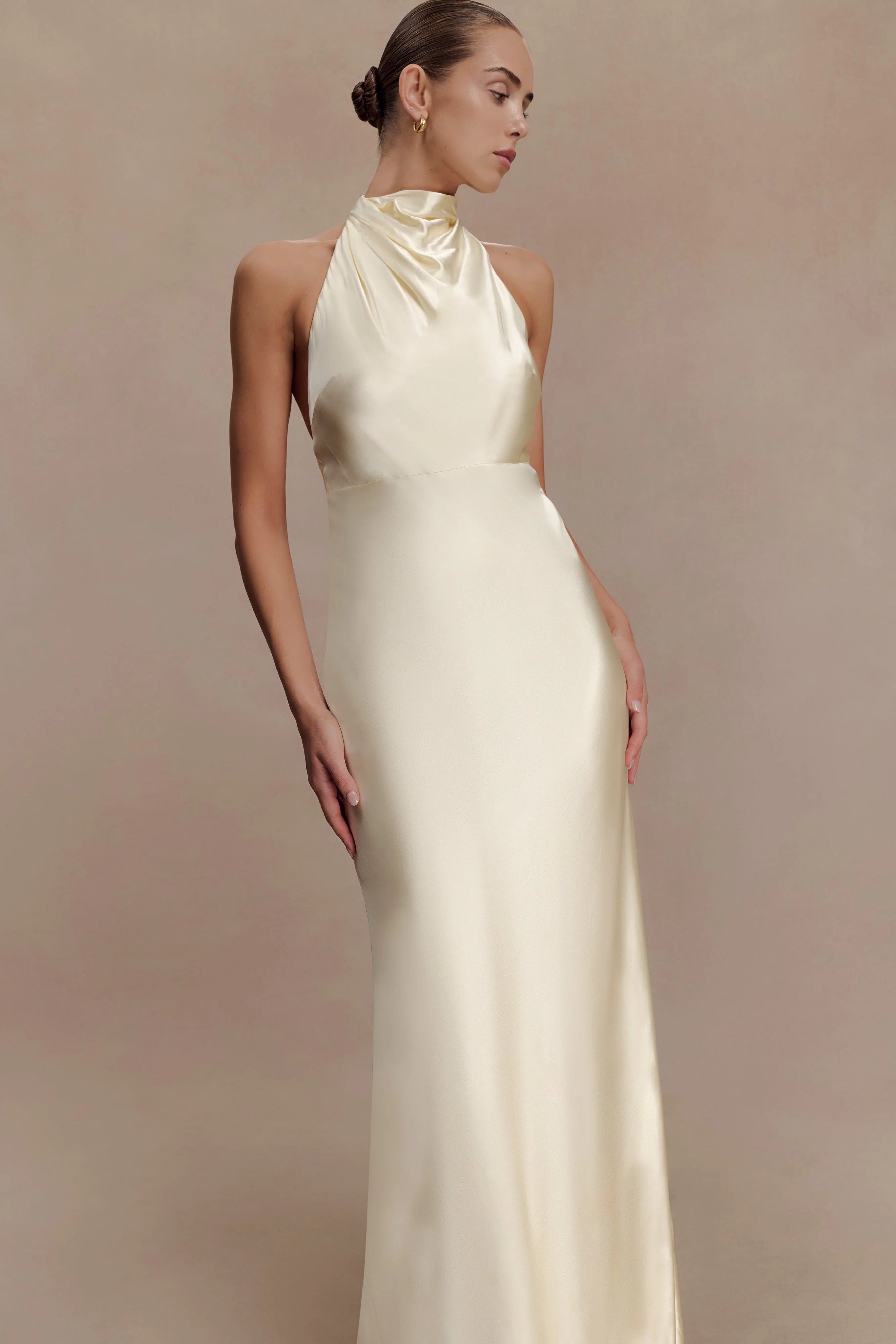 Esther Iridescent Satin Cowl Maxi Dress Lemon Sorbet