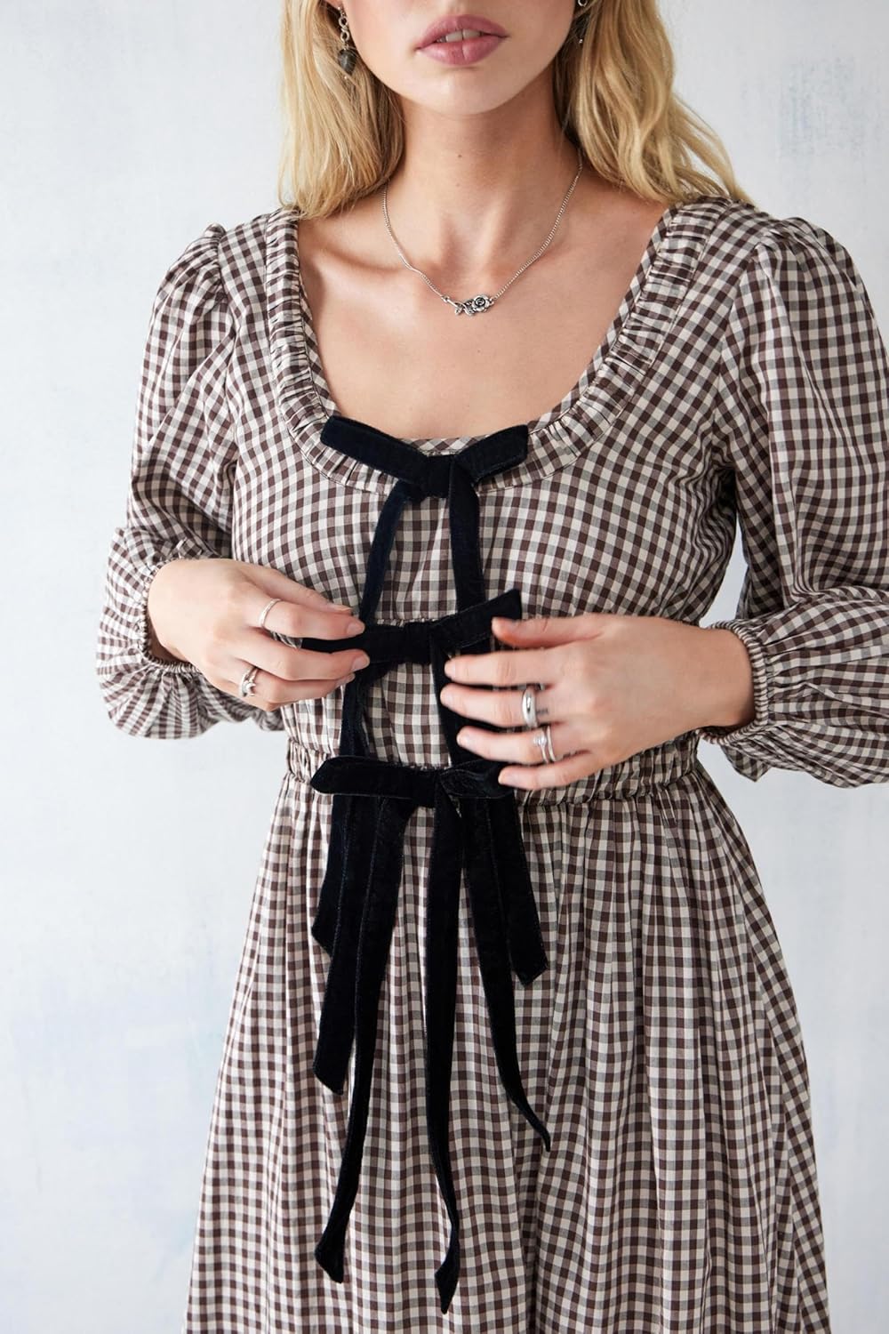Women Plaid Maxi Dress Long Puff Sleeve Square Neck Flowy Boho Dress Bow Tie Smocked Fall Dresses