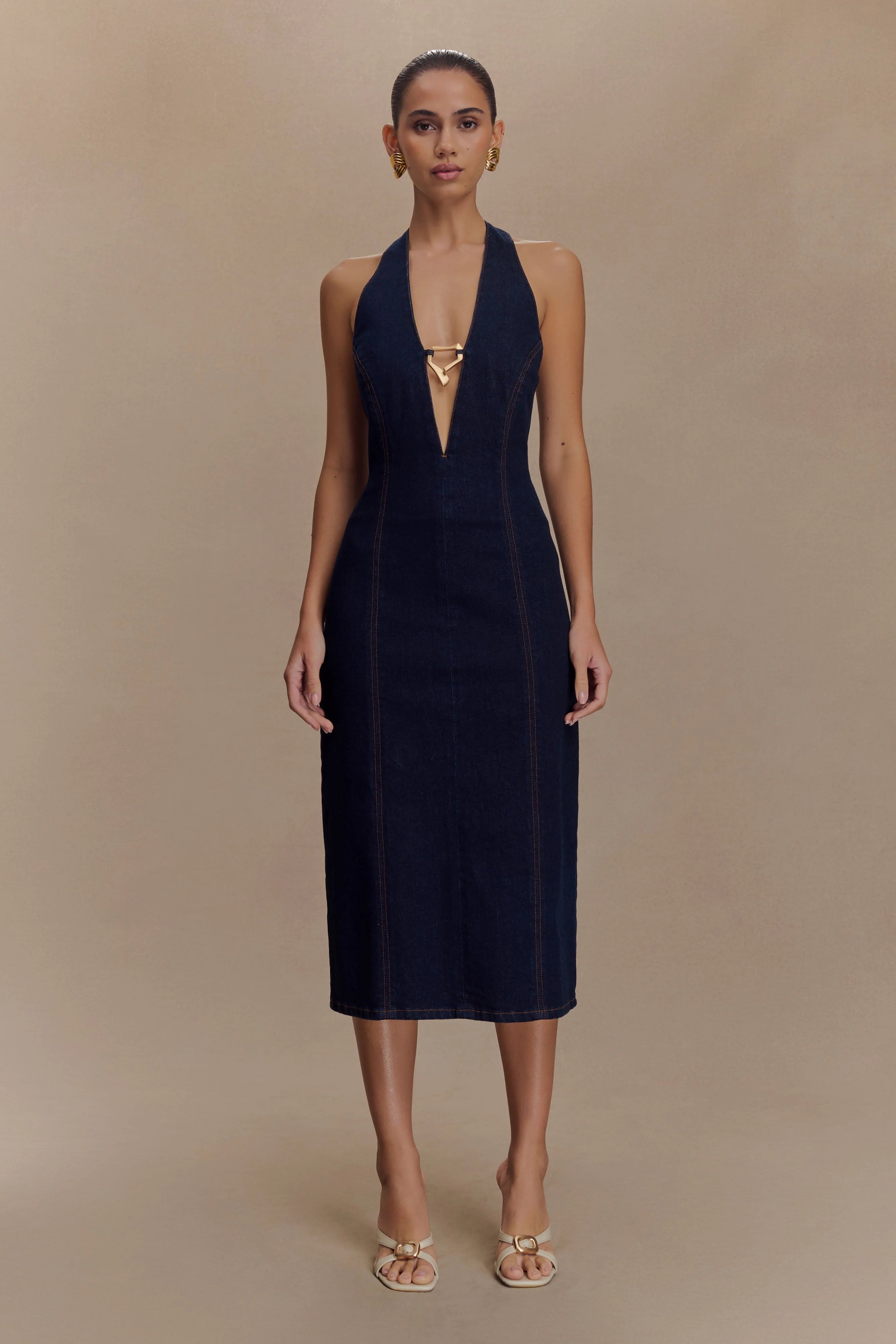 Shauna Denim Halter Midi Dress Indigo Blue