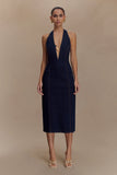 Shauna Denim Halter Midi Dress Indigo Blue