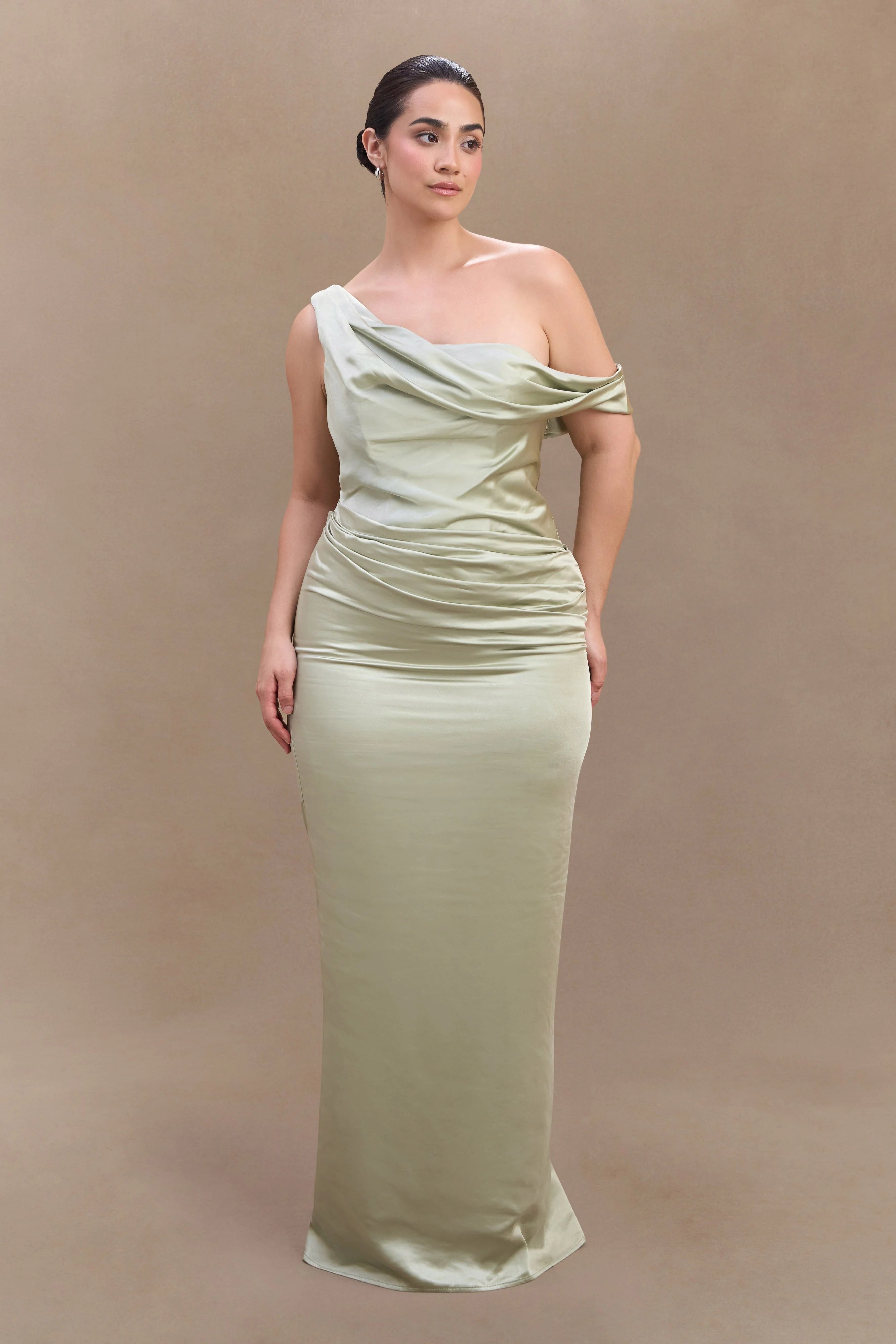 Dalia Off Shoulder Satin Maxi Dress Sage